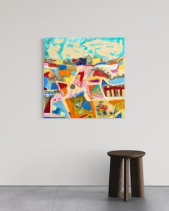 Happy Hills II Contemporary Colorful Abstract Painting, Mixed Media on Panel