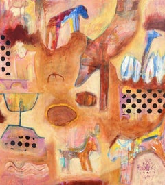 Hieroglyphics - Pintura abstracta contemporánea, técnica mixta, tonos tierra, perros