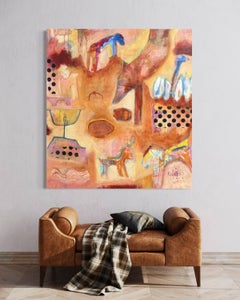 Hieroglyphics - Pintura abstracta contemporánea, técnica mixta, tonos tierra, perros