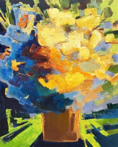 Golden and Blue - Large Modern Still Life Oil Painting, Blue and Yellow Flowers