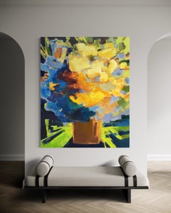 Golden and Blue - Large Modern Still Life Oil Painting, Blue and Yellow Flowers