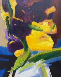 Là où le violet et le jaune se rencontrent - Grande nature morte florale, peinture à l'huile sur toile