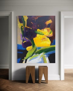 Là où le violet et le jaune se rencontrent - Grande nature morte florale, peinture à l'huile sur toile