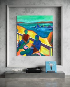 Pintura acrílica contemporánea y colorida, escena figurativa llena de vida, 50x44, 2026