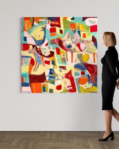 Large Colorful Textured Abstract Painting, Animal Figures, Mixed Media, Original