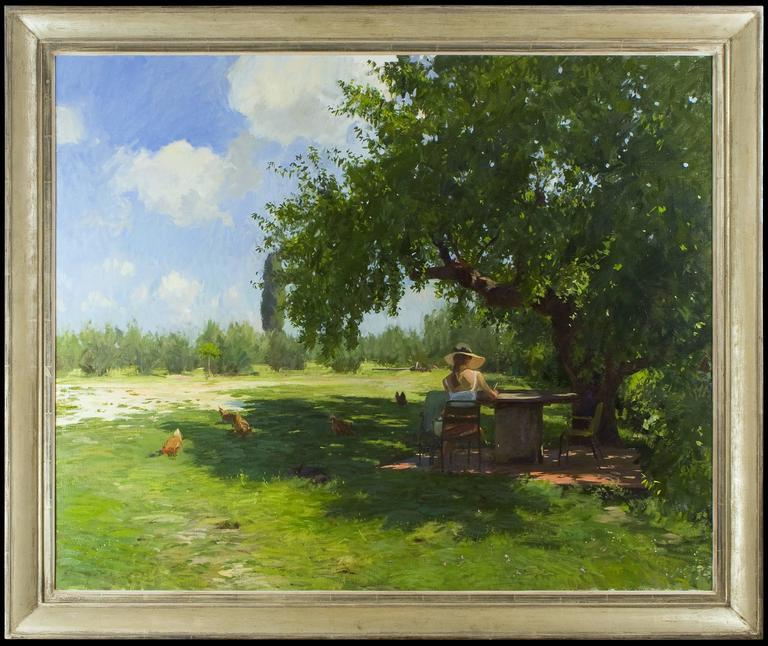 Reading under a Mulberry tree in a Tuscan garden - Painting by Marc Dalessio