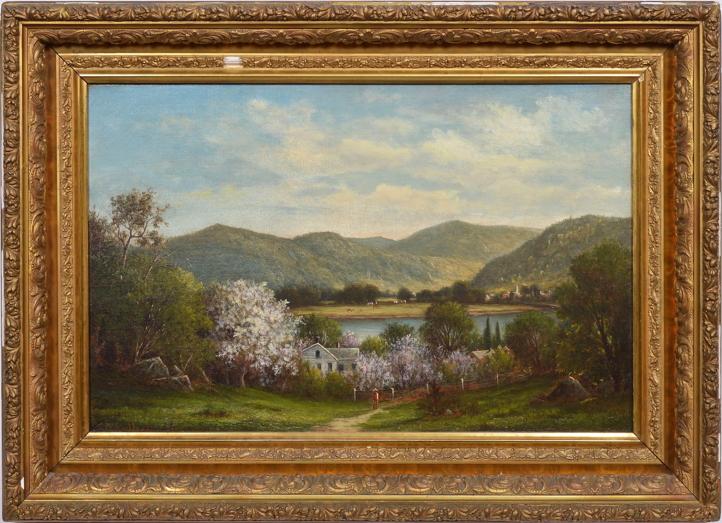Charles Wilson Knapp Landscape Painting - Cherry Blossoms in the Hudson River Valley