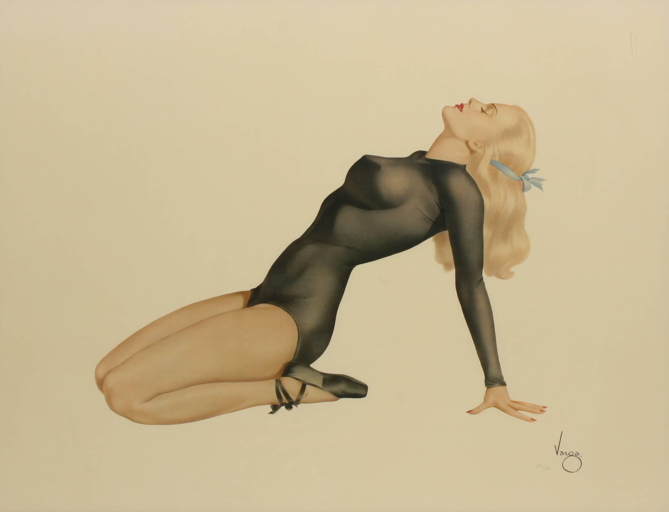 Portrait Print Alberto Vargas - Pin-up blonde en justaucorps noir transparent