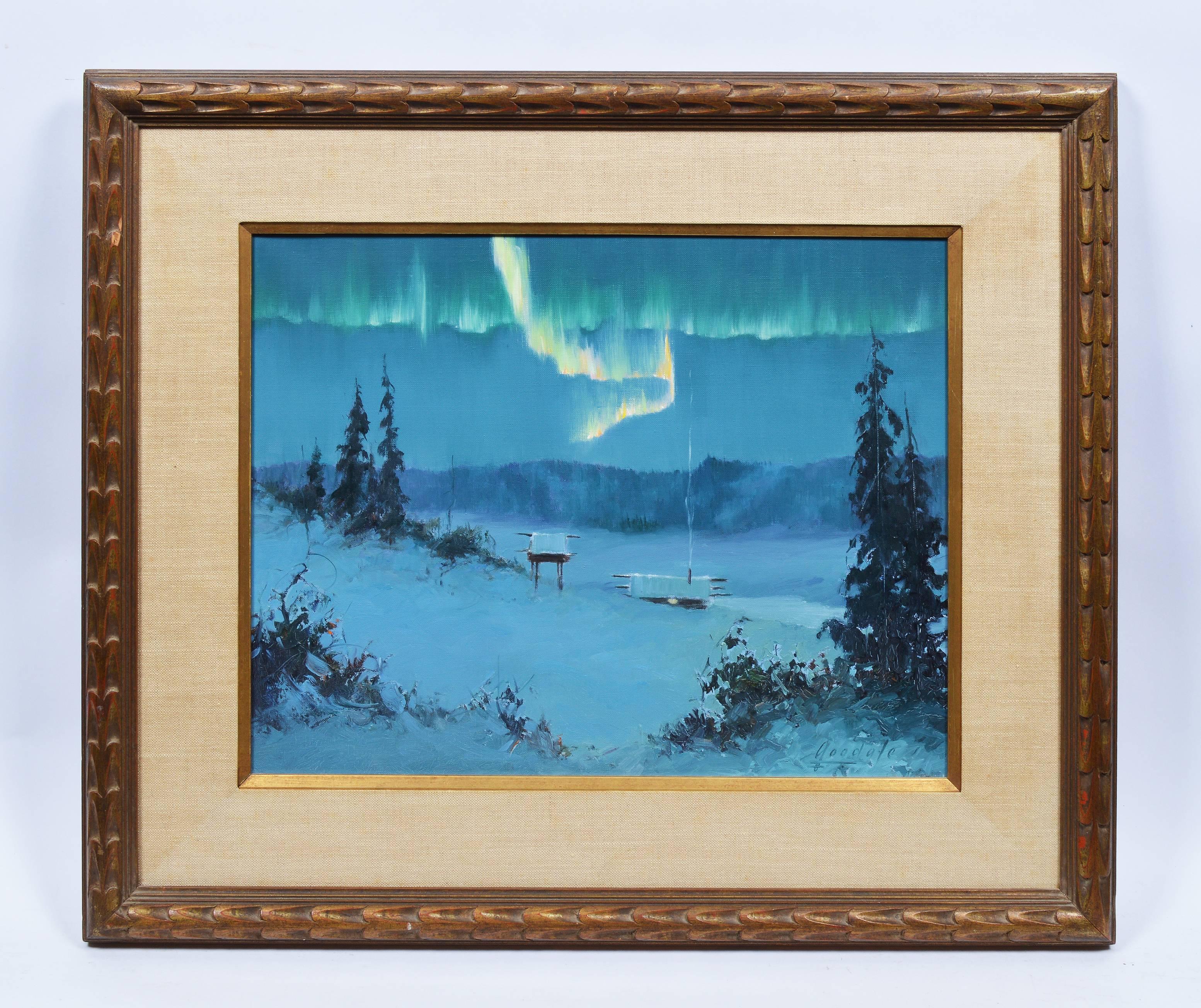 An impressionist landscape of the northern lights in Alaska by Ellen Goodale (1915-1991).  Finely executed with exceptional depth and color.  A rare subject.  Oil on canvas, circa 1935.  Signed lower right.  Image size, 20"L x 16"H. 