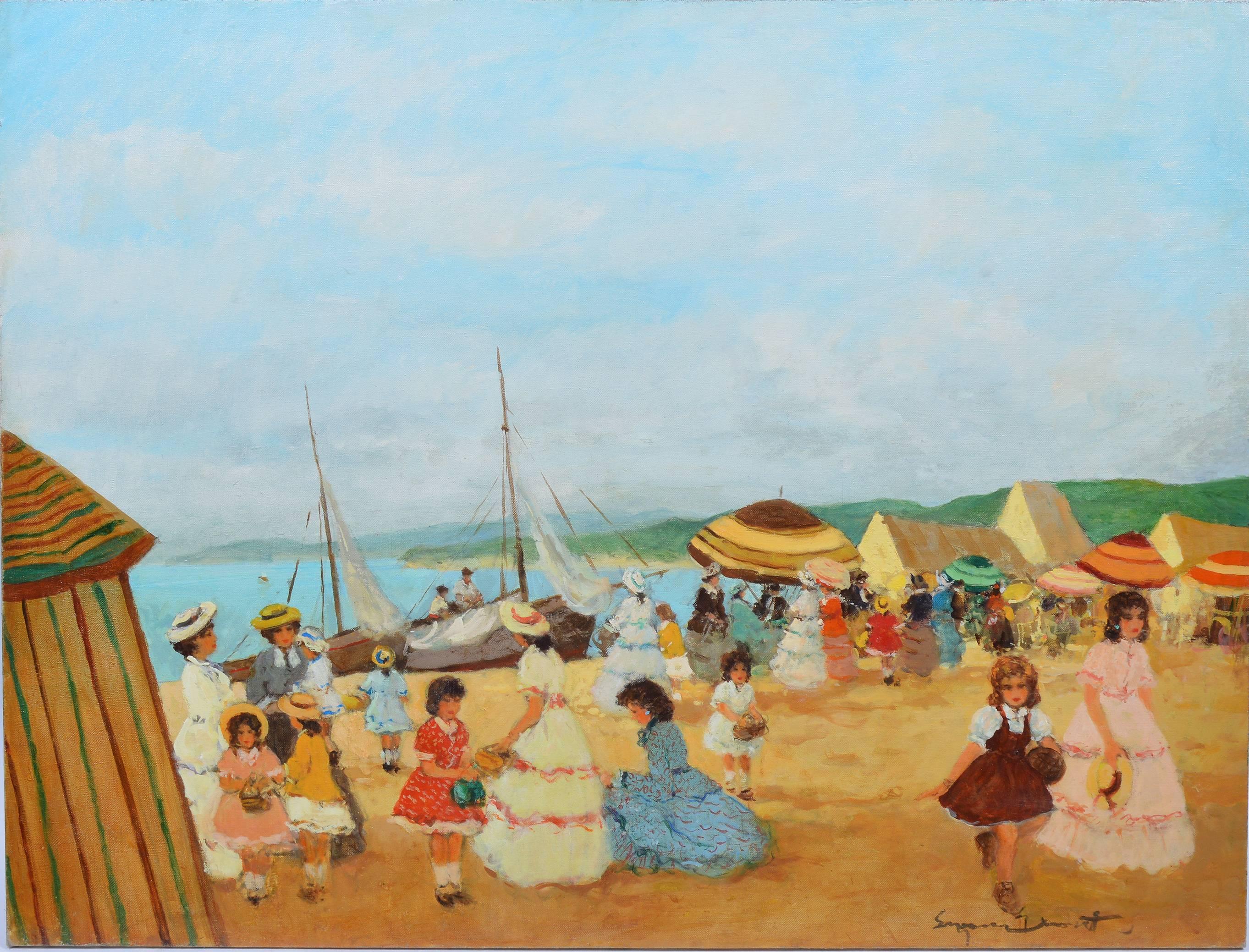 Barcelona Beach Scene - Painting by Eugenio Alvarez Dumont
