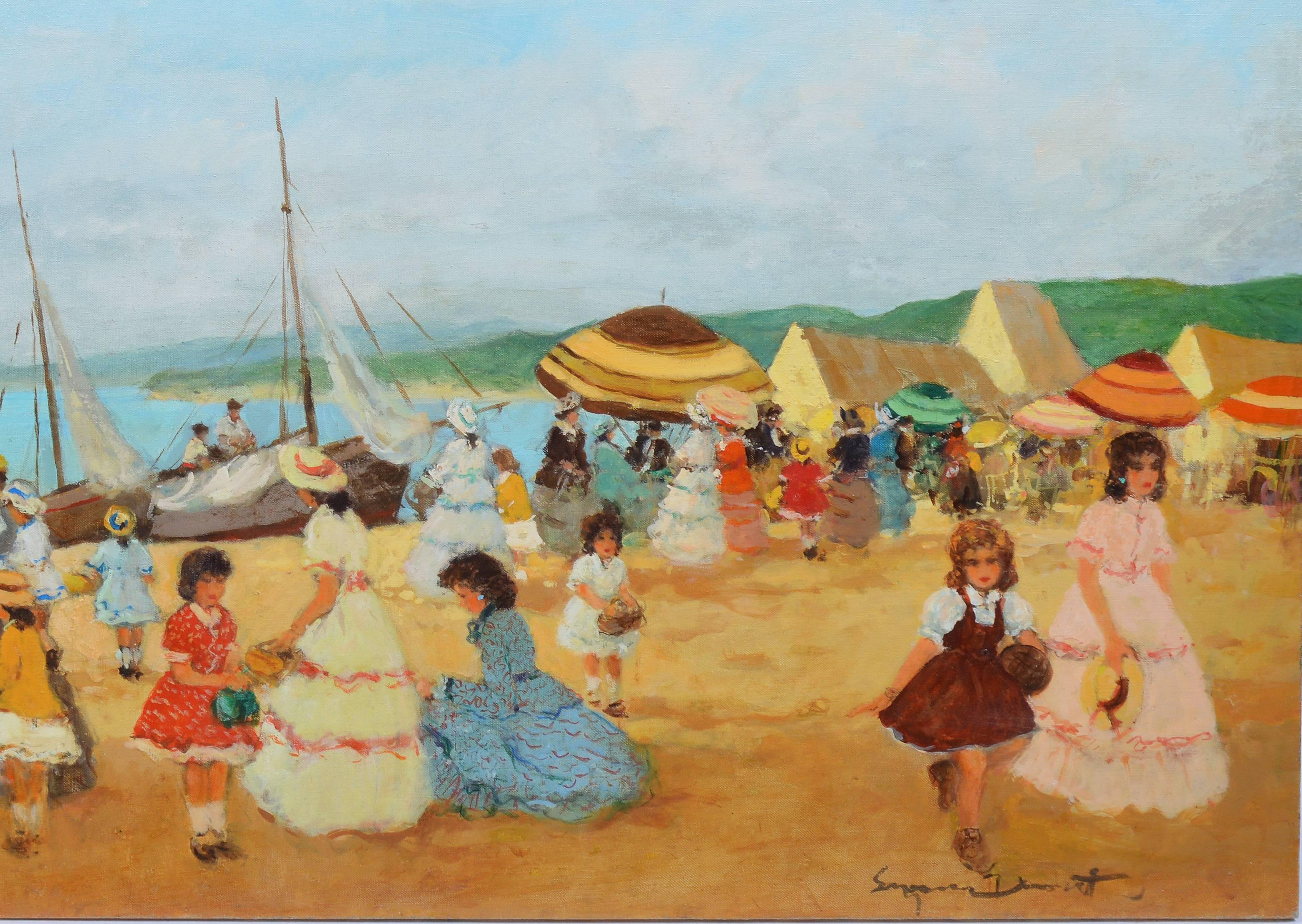 Barcelona Beach Scene - Impressionist Painting by Eugenio Alvarez Dumont