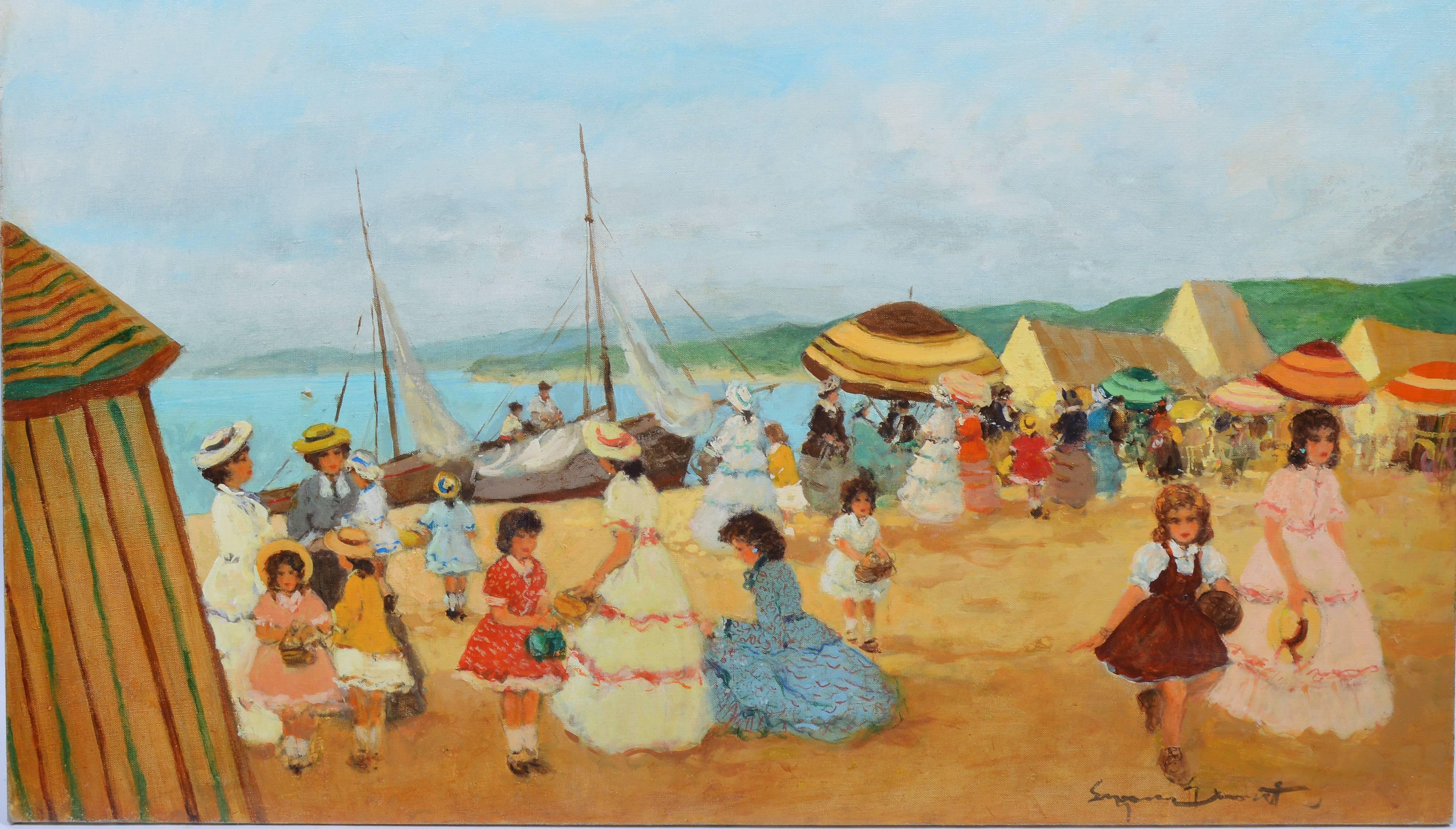 An impressionist beach scene by Eugenio Alvarez Dumont (1864-1927).  Oil on canvas, circa 1920.  Signed lower right.  Image size, 39