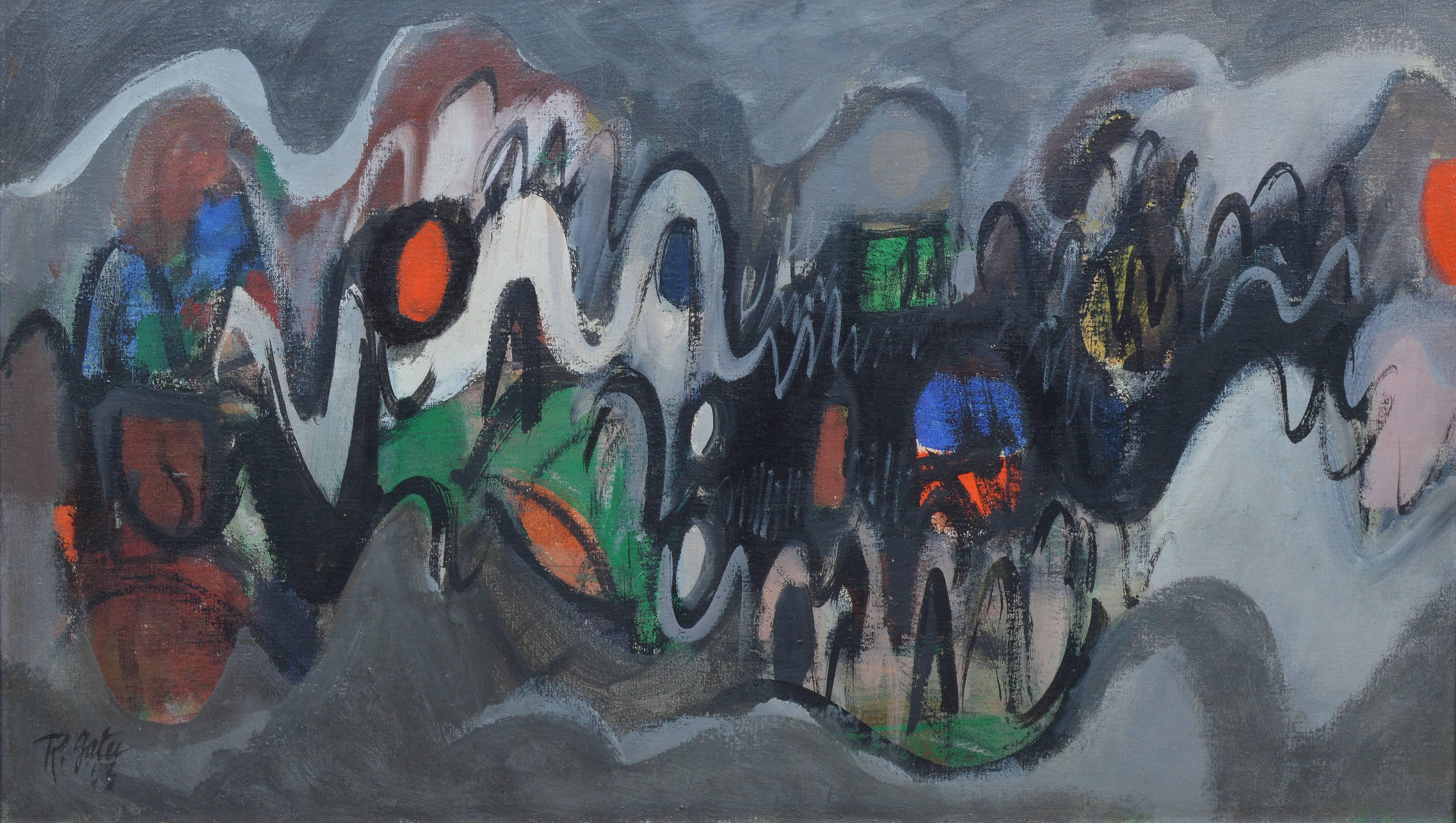 Modernist style abstract composition by Robert Franklin Gates (1906-1982). Oil on canvas, circa 1953. Signed lower left, 