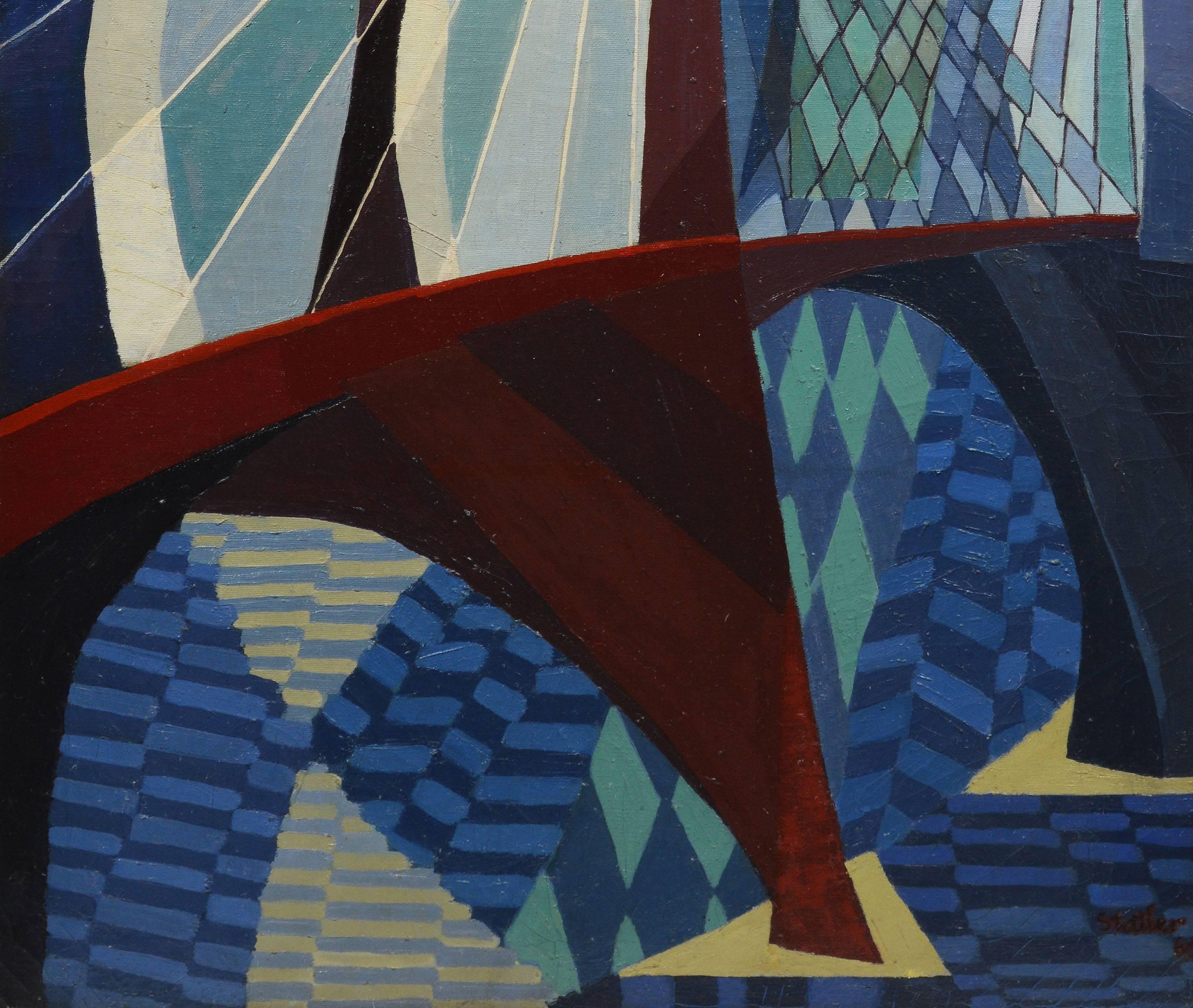 Modernist View of the Brooklyn Bridge - American Modern Painting by Alfred Statler