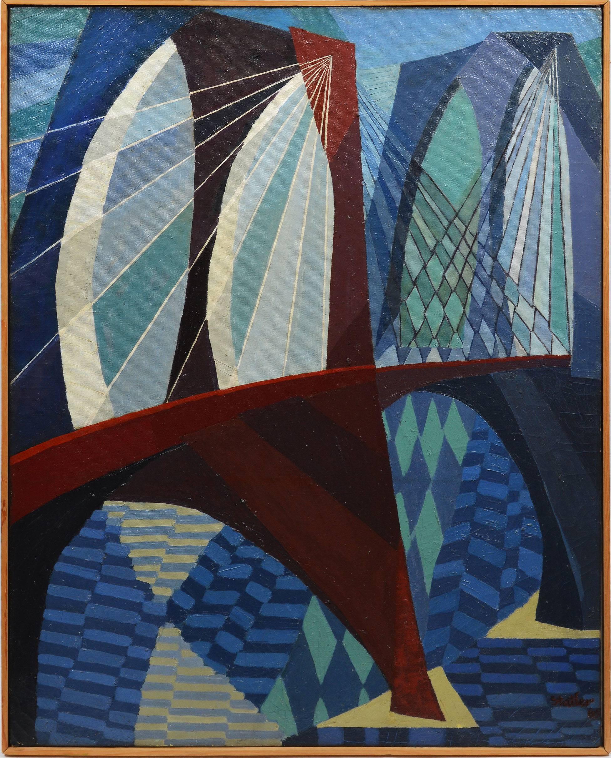 Alfred Statler Abstract Painting - Modernist View of the Brooklyn Bridge
