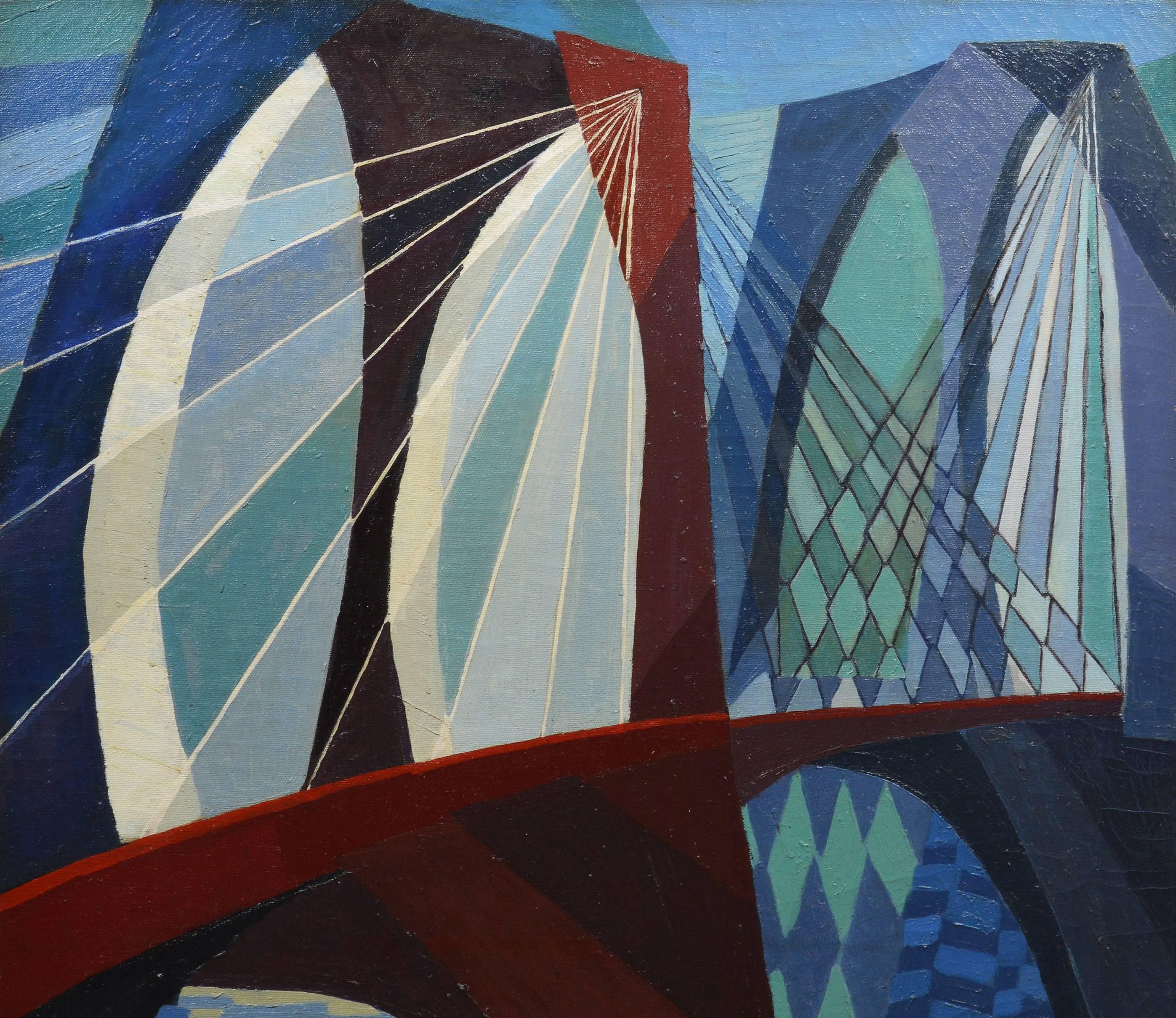 Modernist view of the Booklyn Bridge by Alfred Statler.  Oil on canvas, circa 1966.  Signed lower right.  Image size, 24"L x 32"H