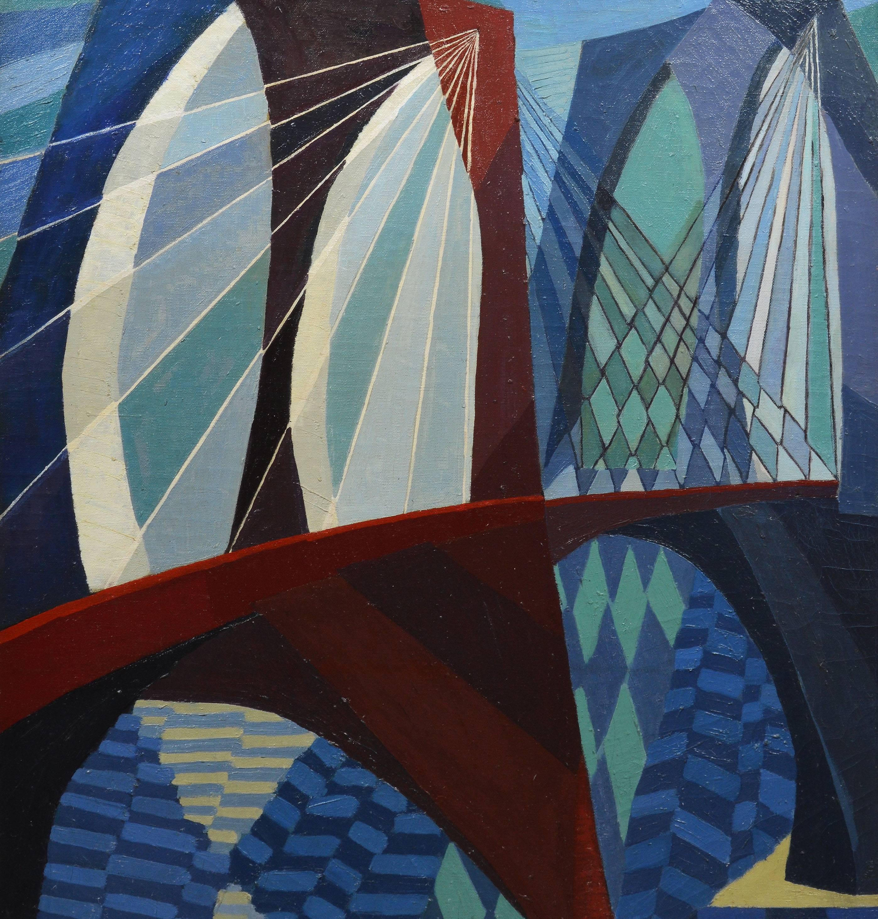 Modernist View of the Brooklyn Bridge - Black Abstract Painting by Alfred Statler