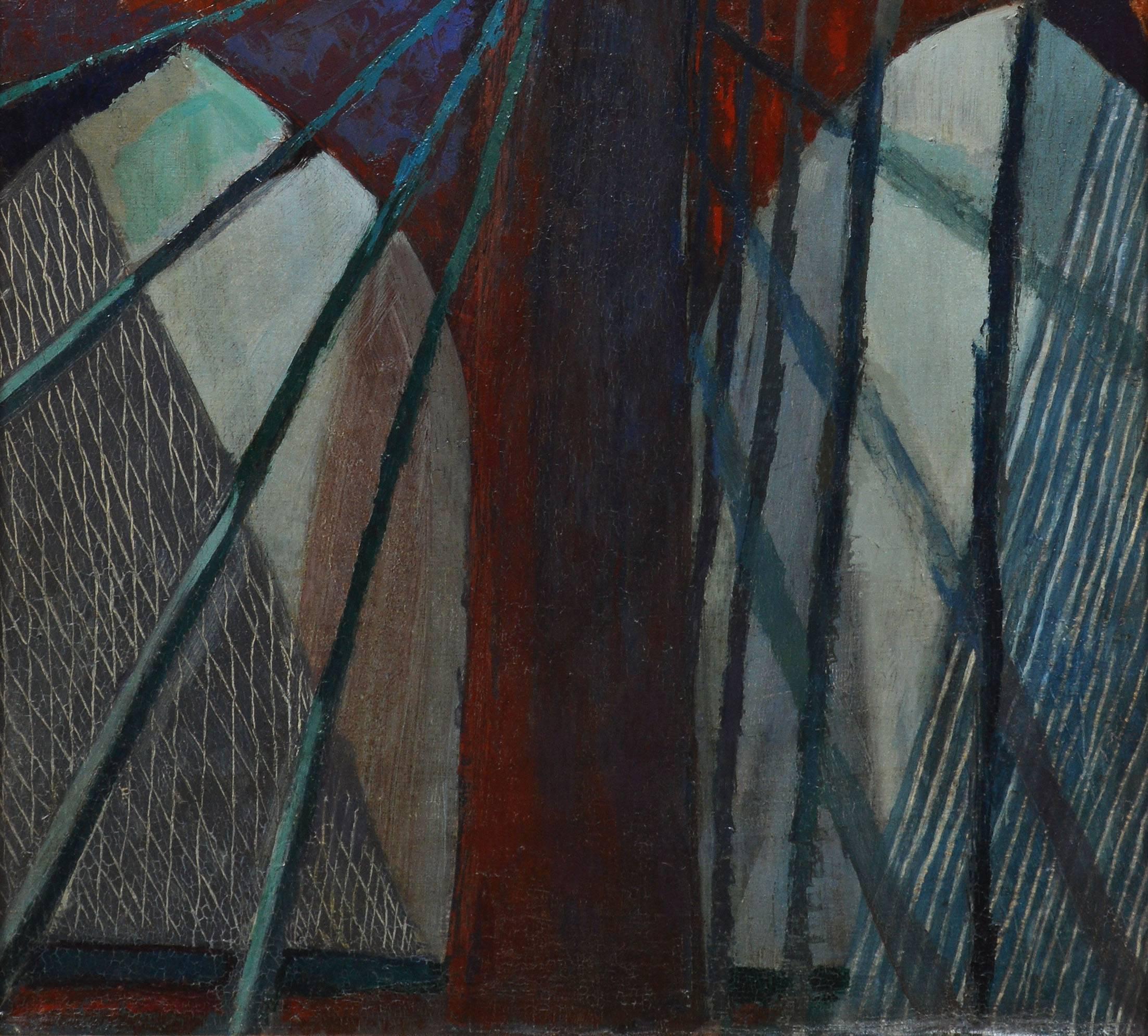 Modernist View of the Brooklyn Bridge - Brown Abstract Painting by Alfred Statler