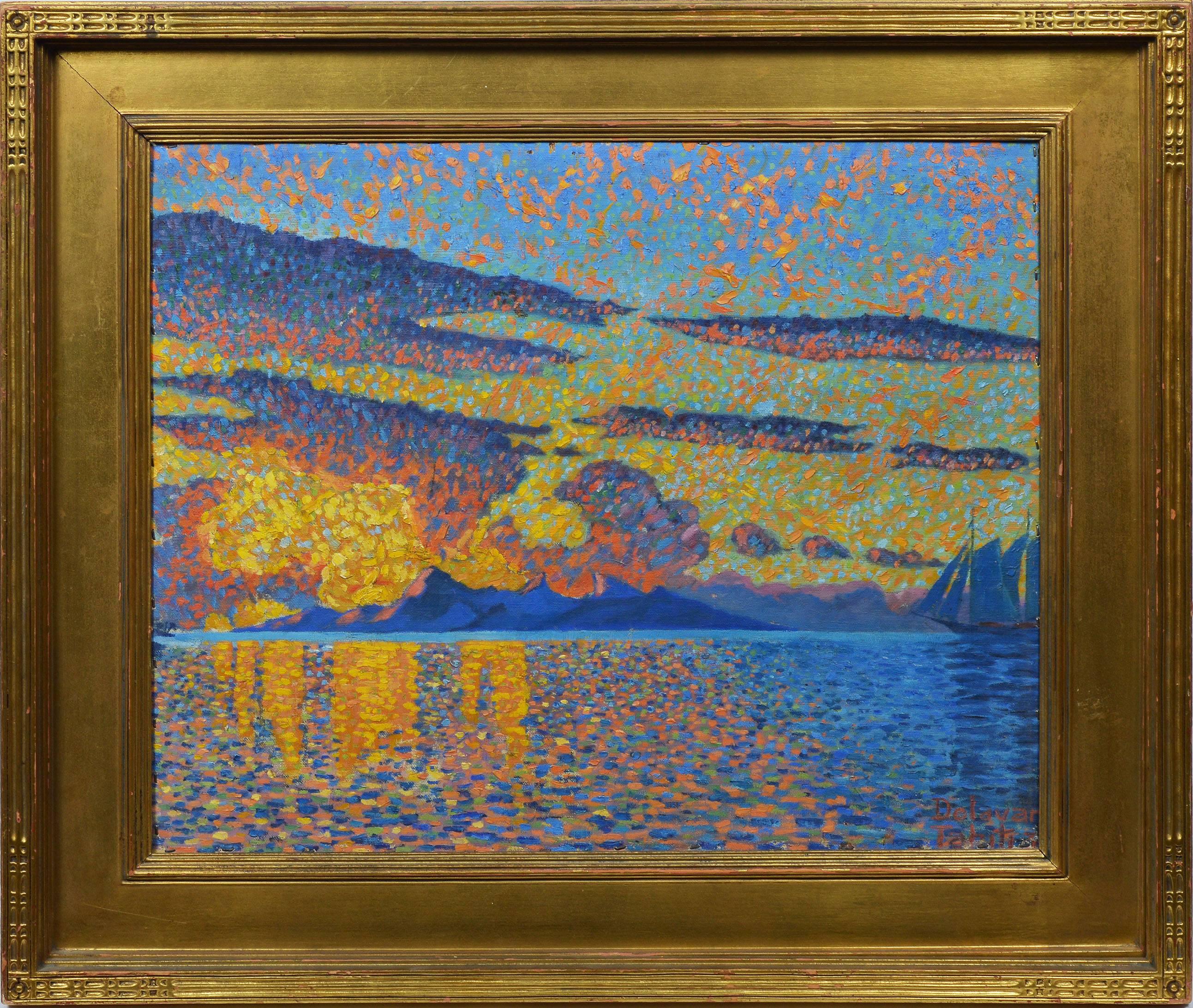 Landscape Painting de Unknown - Puesta de sol puntillista