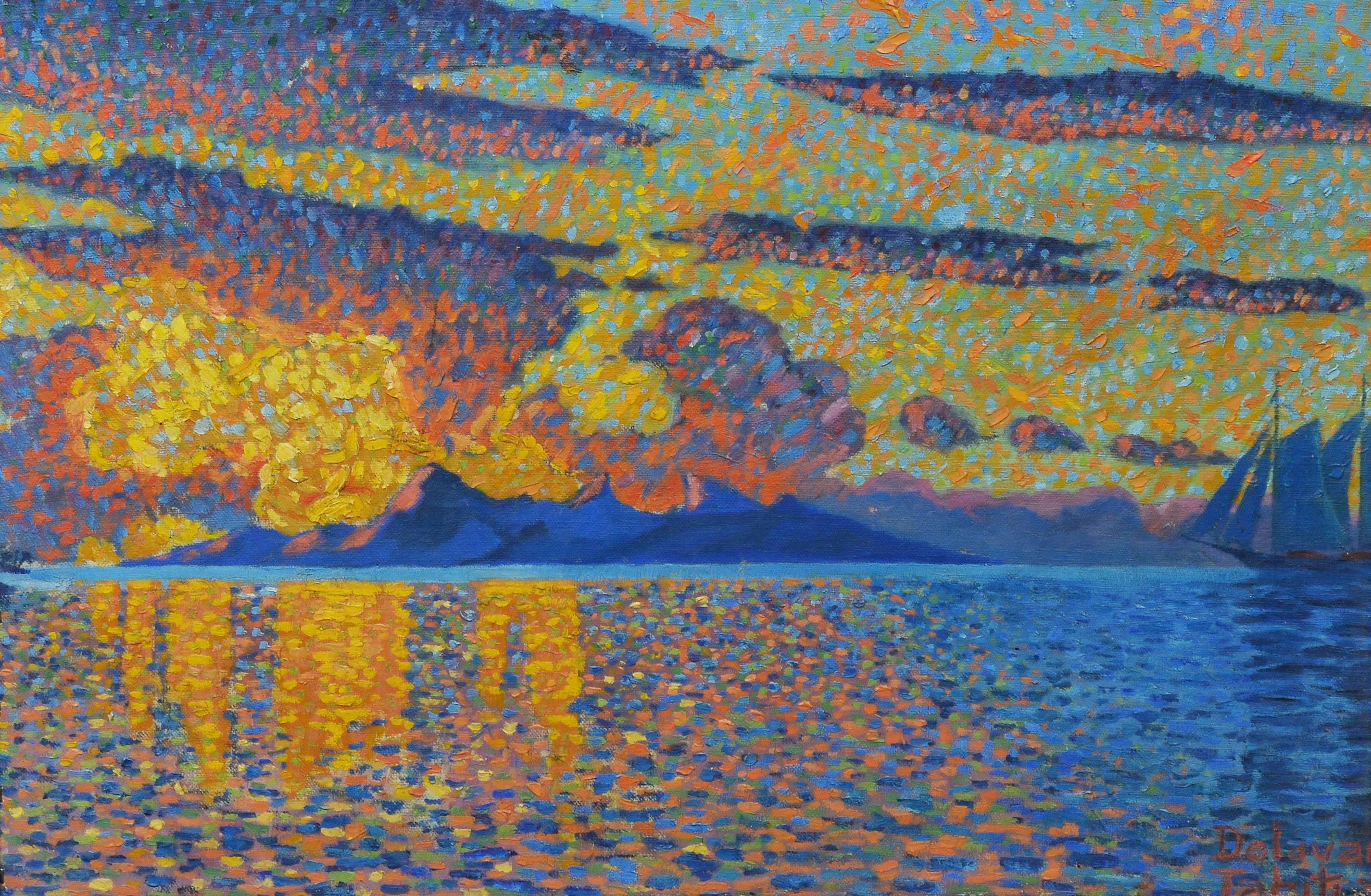 Paisaje marino de Tahití de estilo puntillista. Óleo sobre tabla, hacia 1920. Sin firmar. Se presenta en un marco artesanal de madera dorada de época, con alambre para colgar incluido. Imagen, 24 
