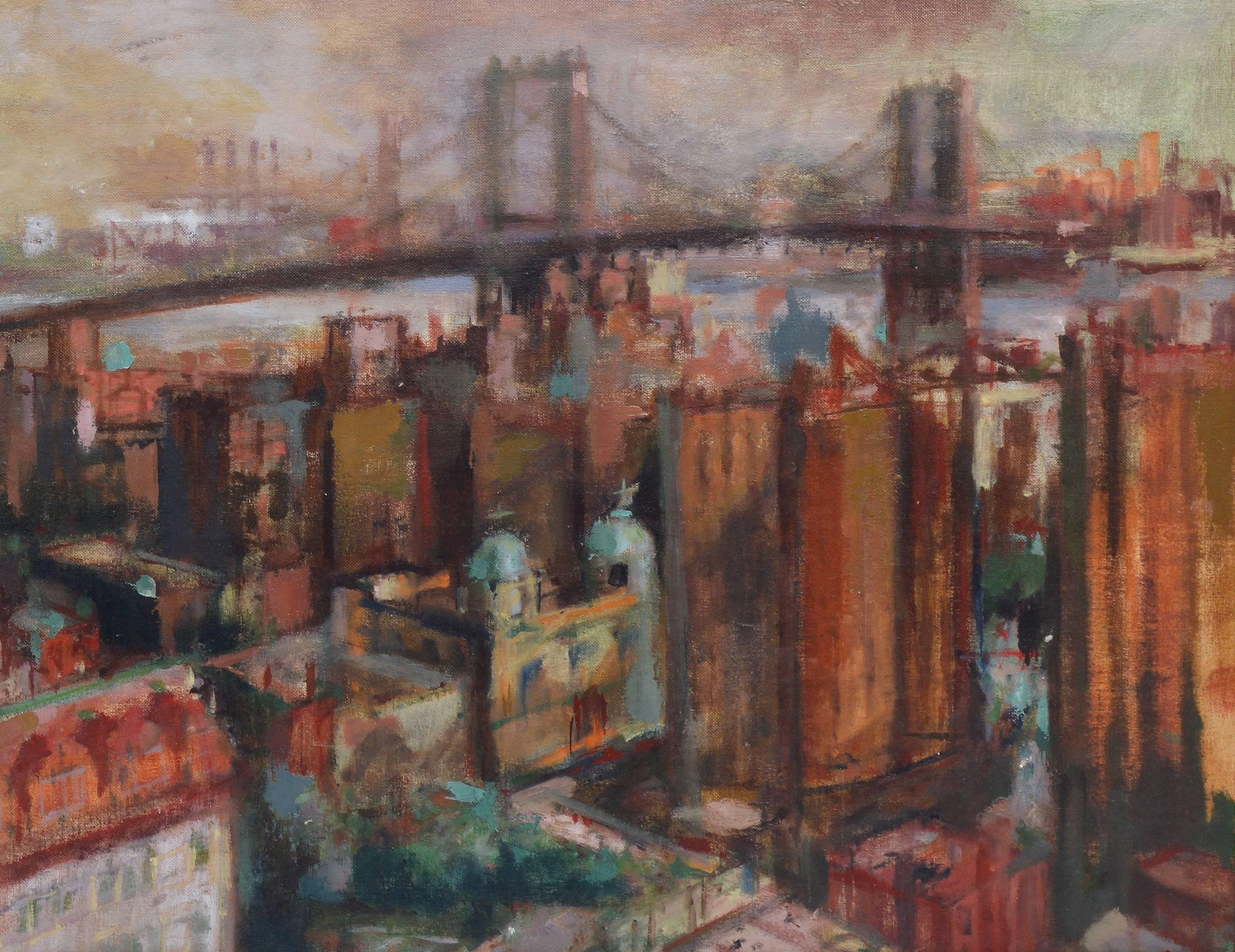 View of New York City, Brooklyn Bridge - American Impressionist Painting by Hal Frater