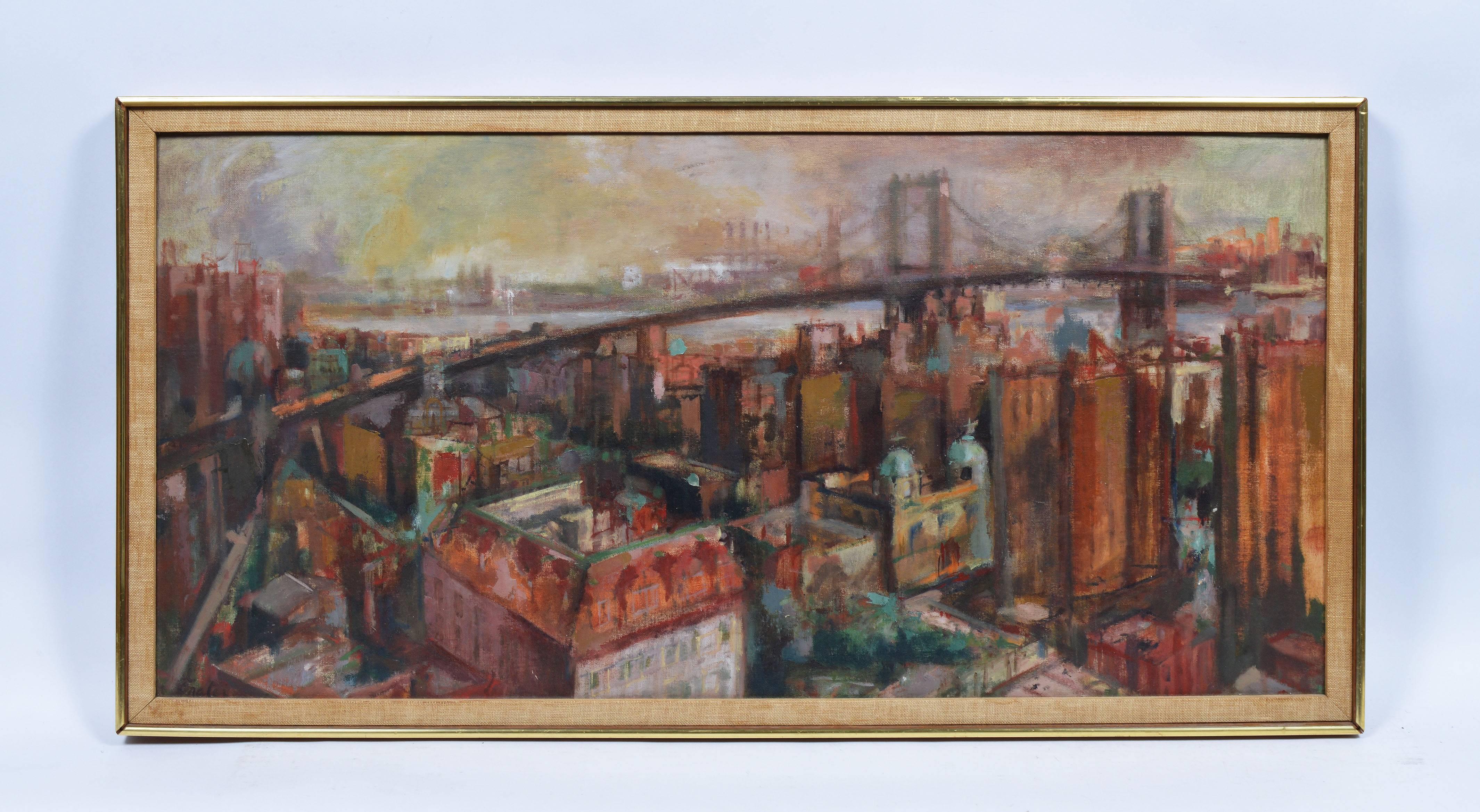 View of New York City, Brooklyn Bridge - Painting by Hal Frater