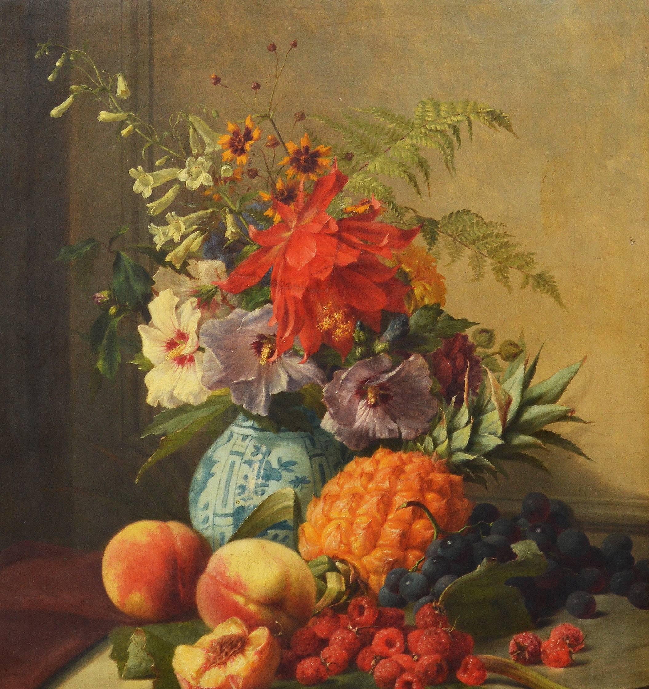 Still life of fruit and flowers. Oil on canvas, circa 1870. Unsigned. Displayed in a gitlwood frame, hanging wire included. Image size, 23"L x 28"H.