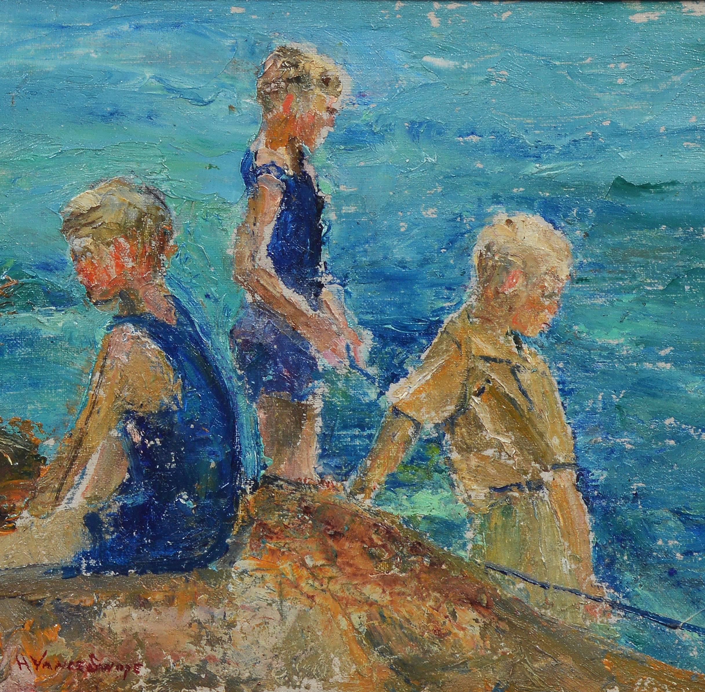 Boys at the Beach - American Impressionist Painting by Unknown