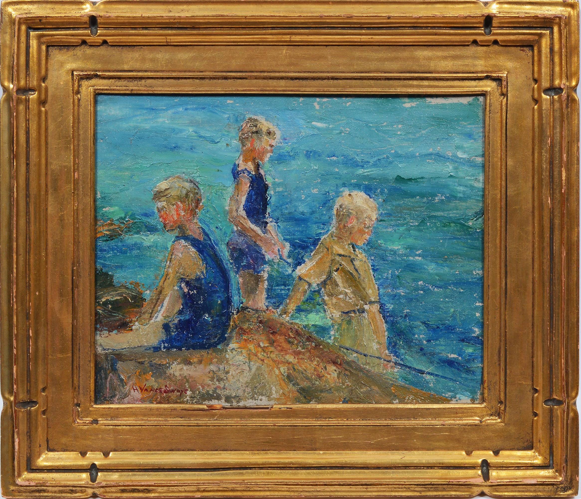 Unknown Figurative Painting - Boys at the Beach