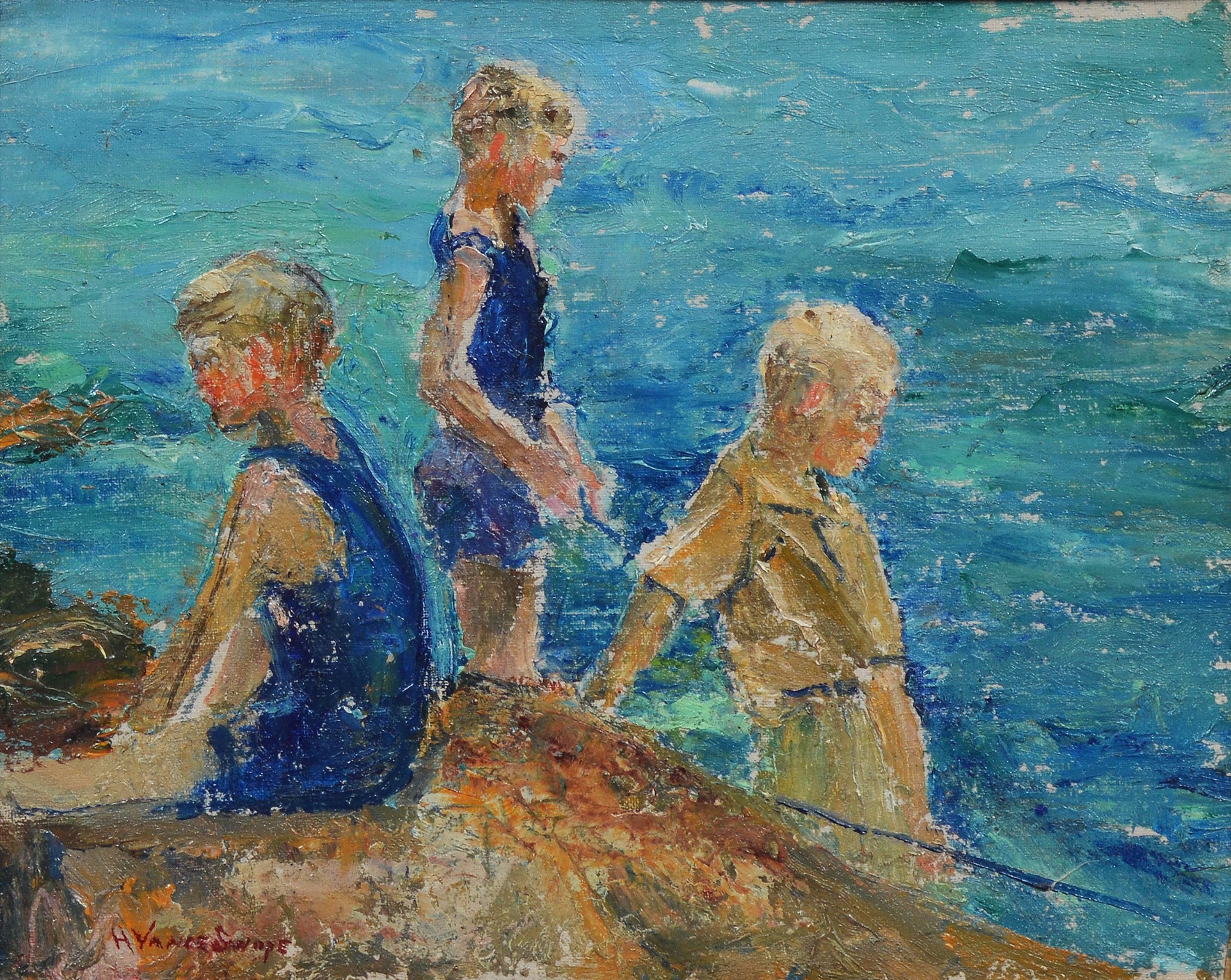 Boys at the Beach - Brown Figurative Painting by Unknown
