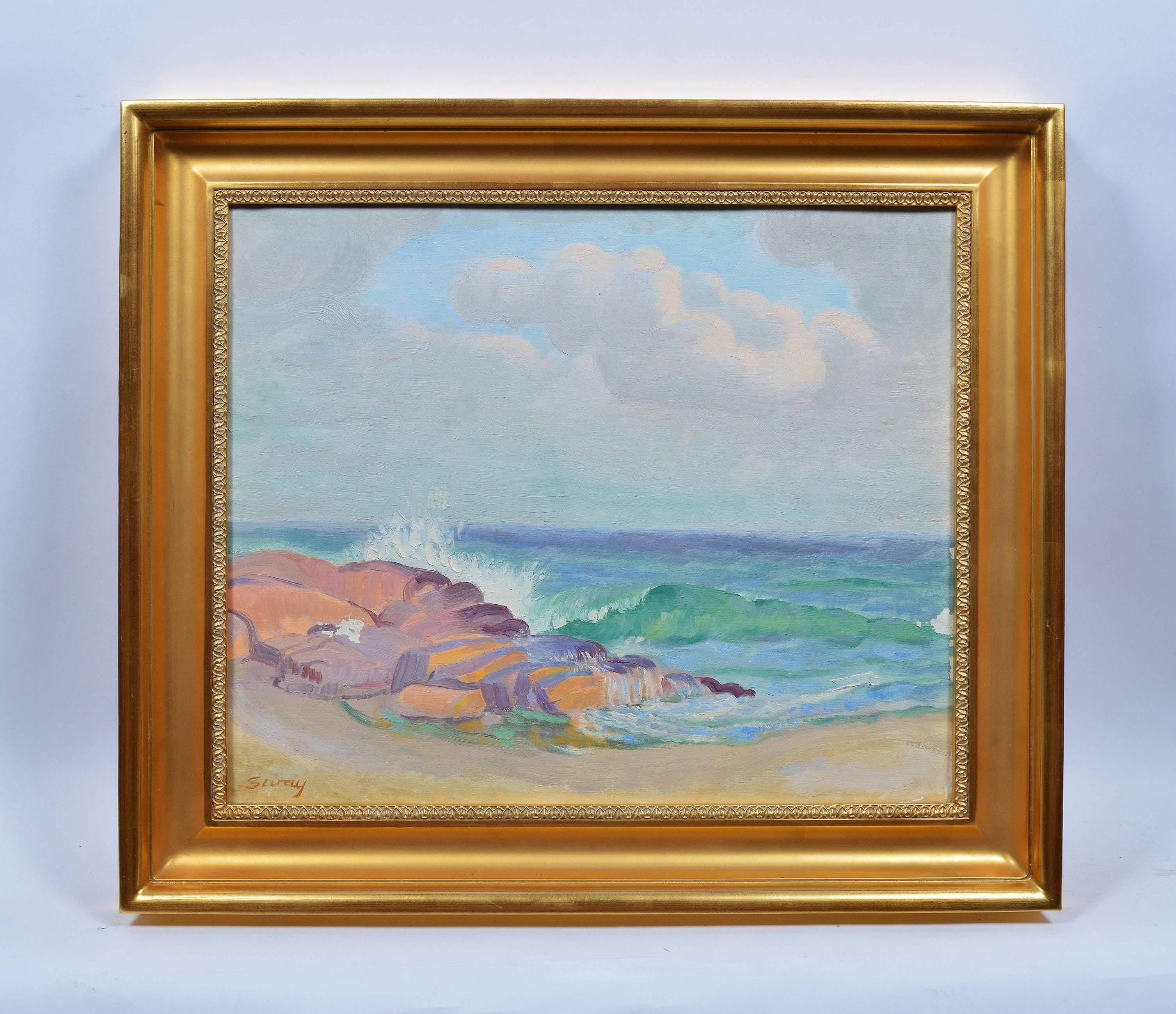 Original oil painting of a beach by Albert Sway (b.1913). Oil on canvas, circa 1940. Signed lower right, "Sway." Image size, 24"L x 20"H.