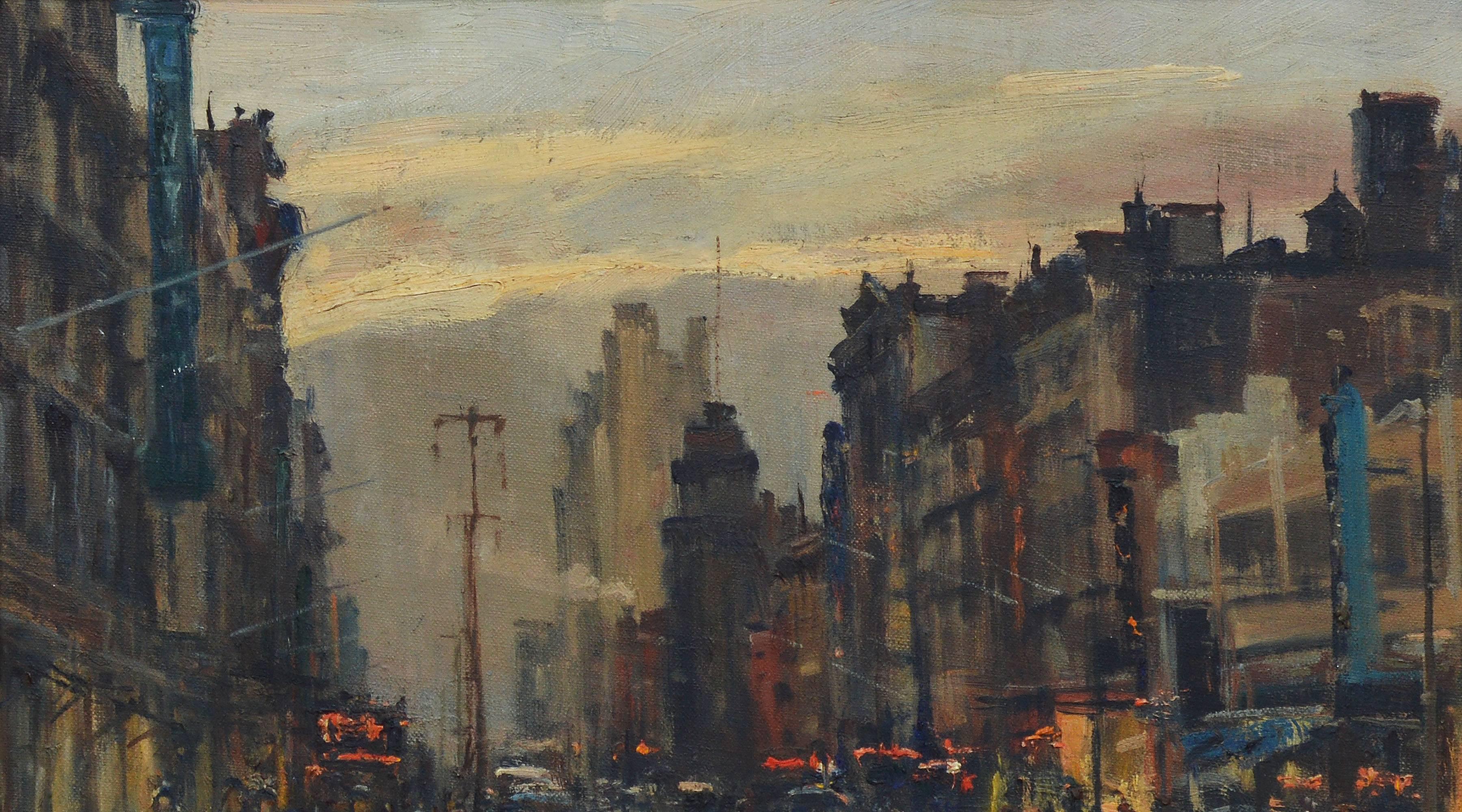 Dusk in New York City, by Alfred Mira - American Impressionist Painting by Alfred S. Mira