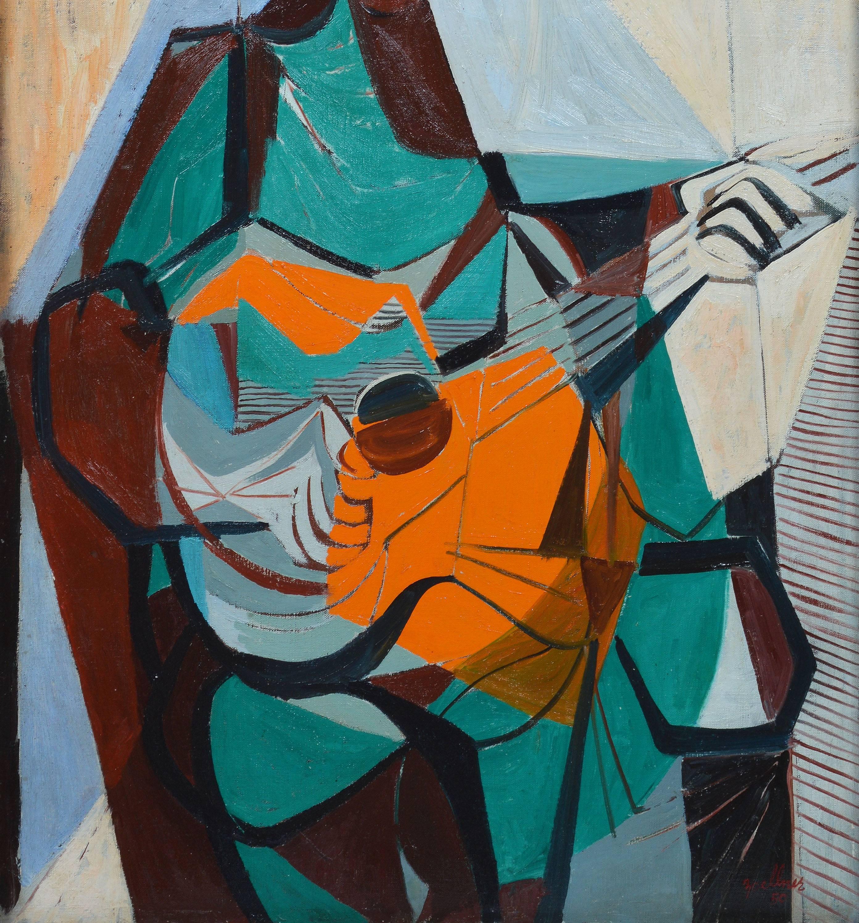 Modernist oil painting of a musician by Richard Zoellner (1908-2003) . Oil on canvas, circa 1950. Signed lower right, 