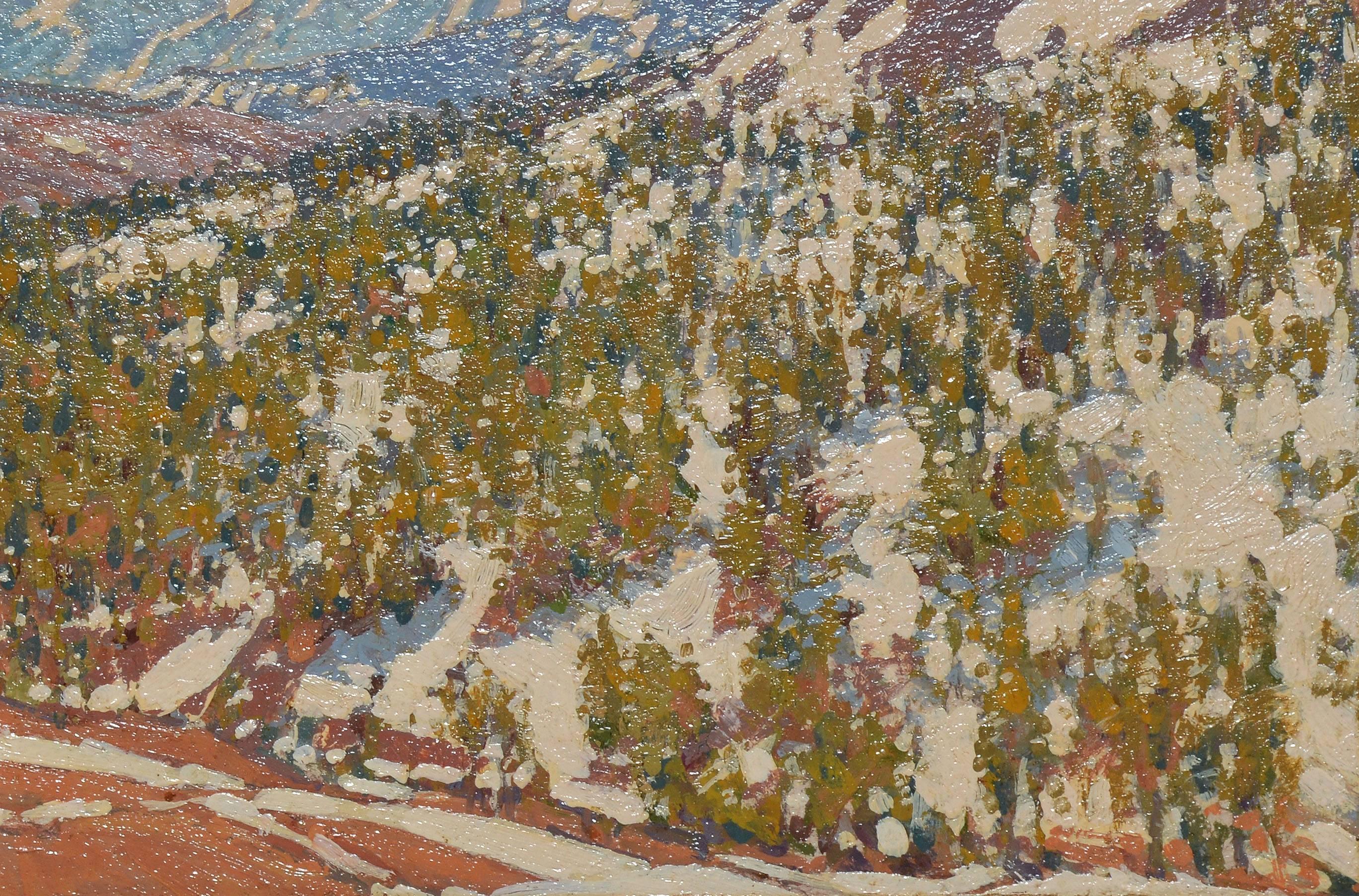Winter landscape of the Sonora Pass by Irion Shields (1895-1983). Oil on board, circa 1920. Signed on verso only.. Displayed in a giltwood frame, hanging wire included. Image size, 10