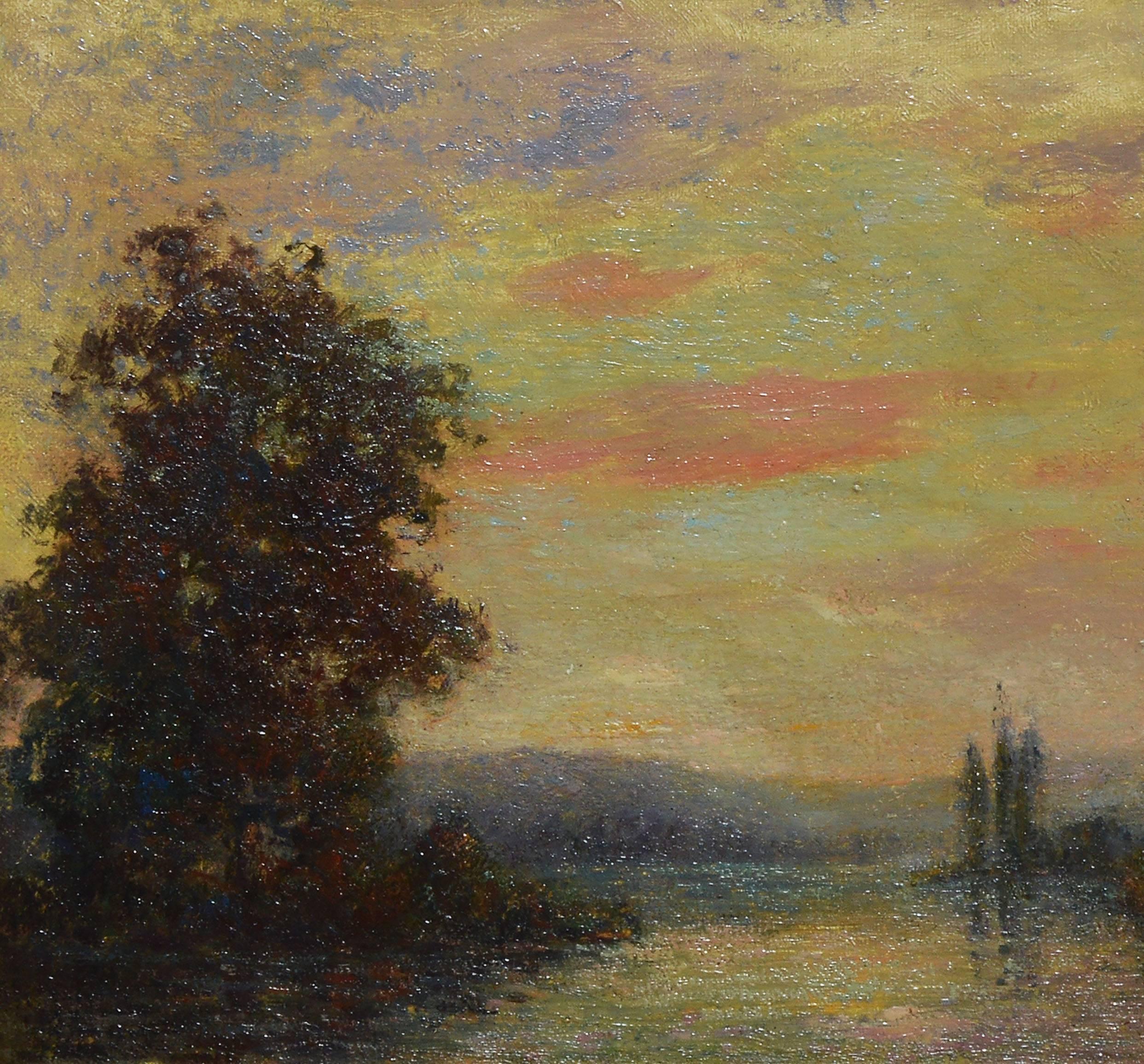 Impressionist style landscape at sunset by Frederick James Boston (1855-1932). Oil on board, circa 1890. Signed lower right, 