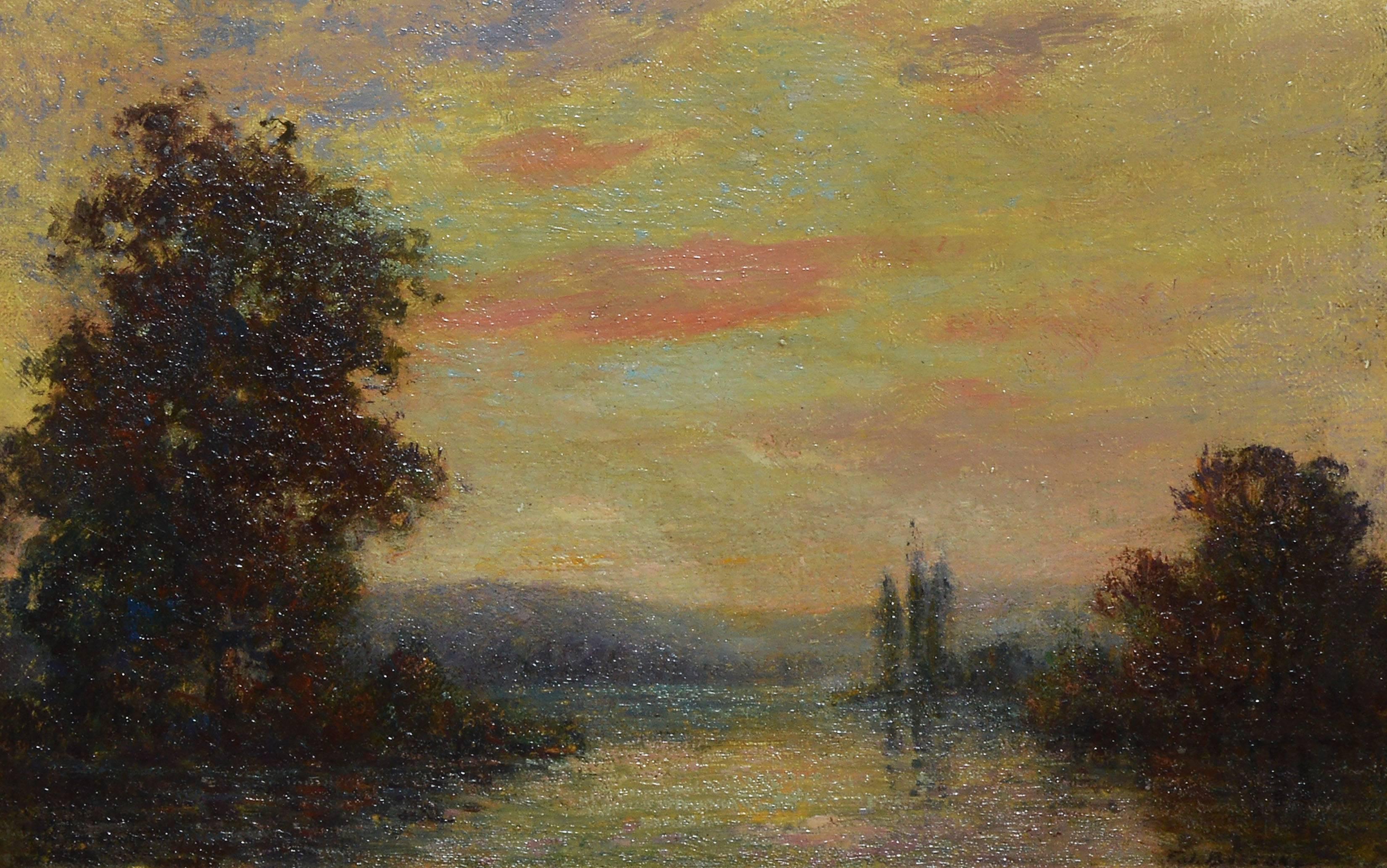Impressionist Sunset Landscape - Brown Landscape Painting by Unknown