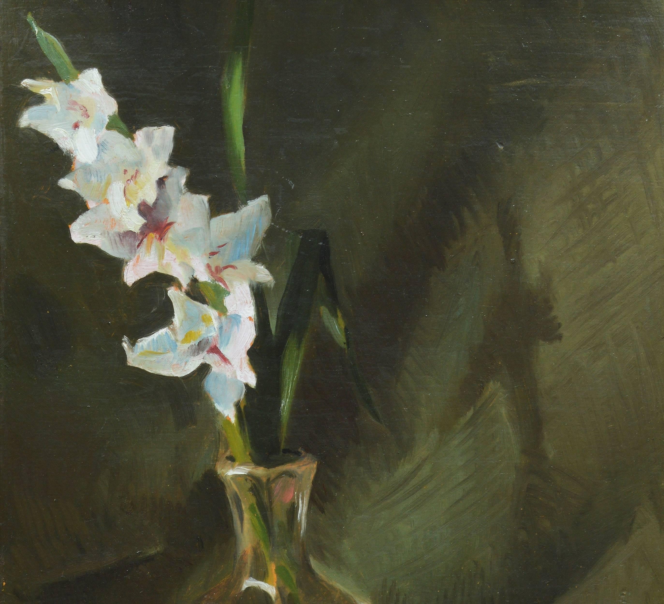 Modernist flower still life. Oil on board, circa 1920. Unsigned. Displayed in a giltwood frame.  Image size, 16