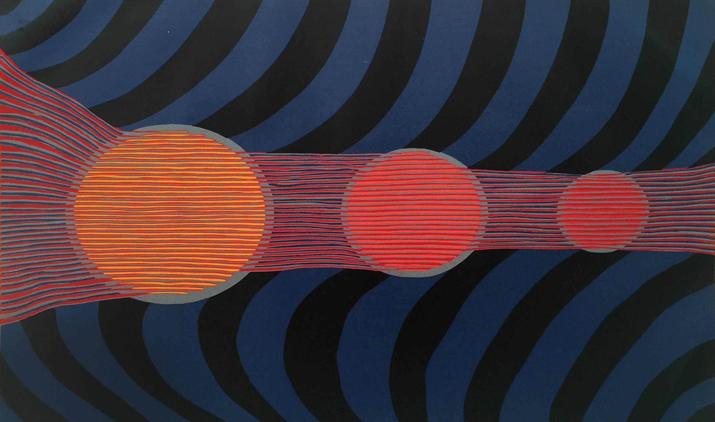 Toma Yovanovich Abstract Print - Mid-Century Modern Woodblock Print "Three Suns"