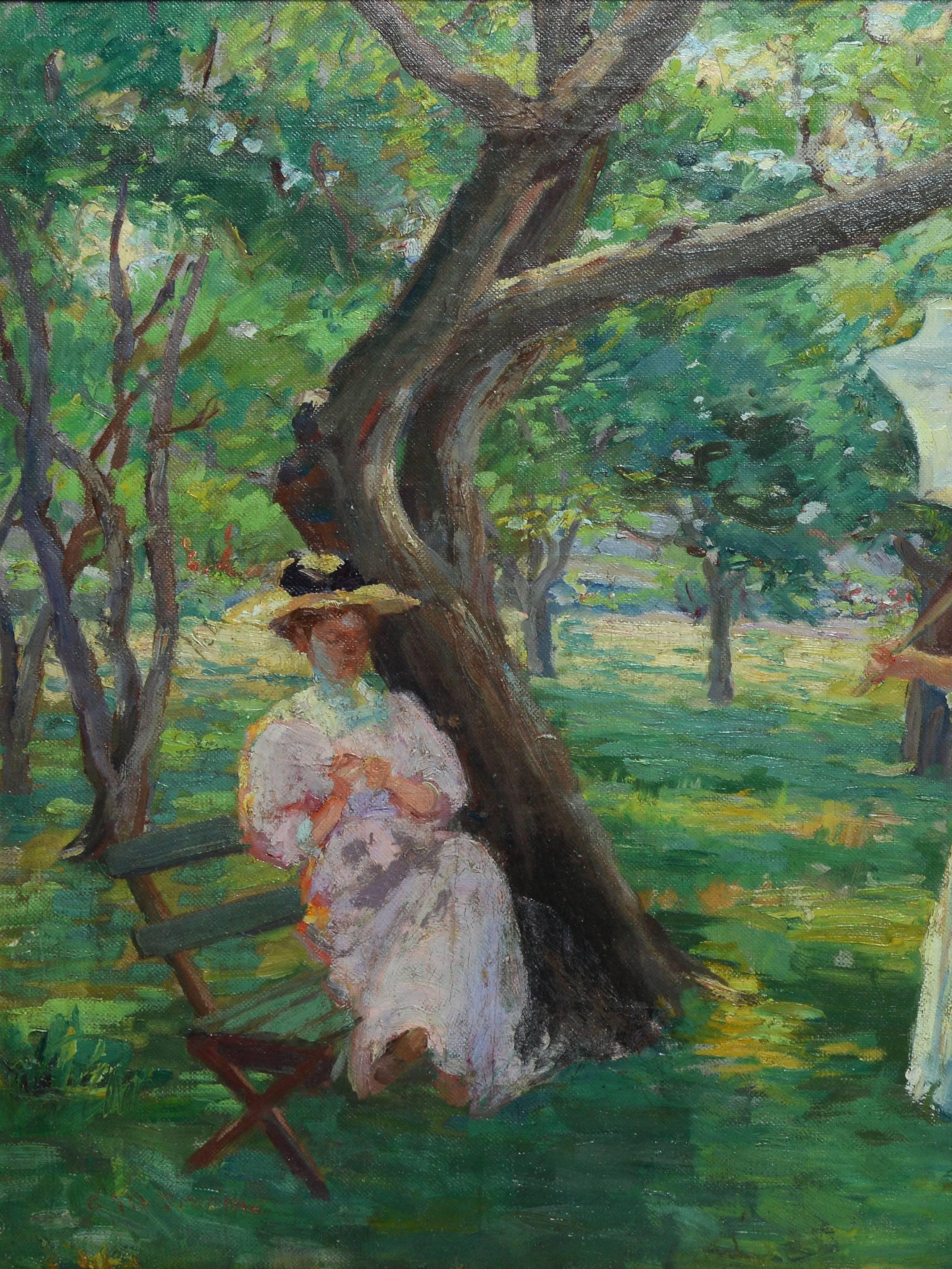 19th century Impressionist oil painting of two women in a park. Oil on canvas, circa 1900. Signed illegibly lower left. Displayed in giltwood frame.  Image, 27