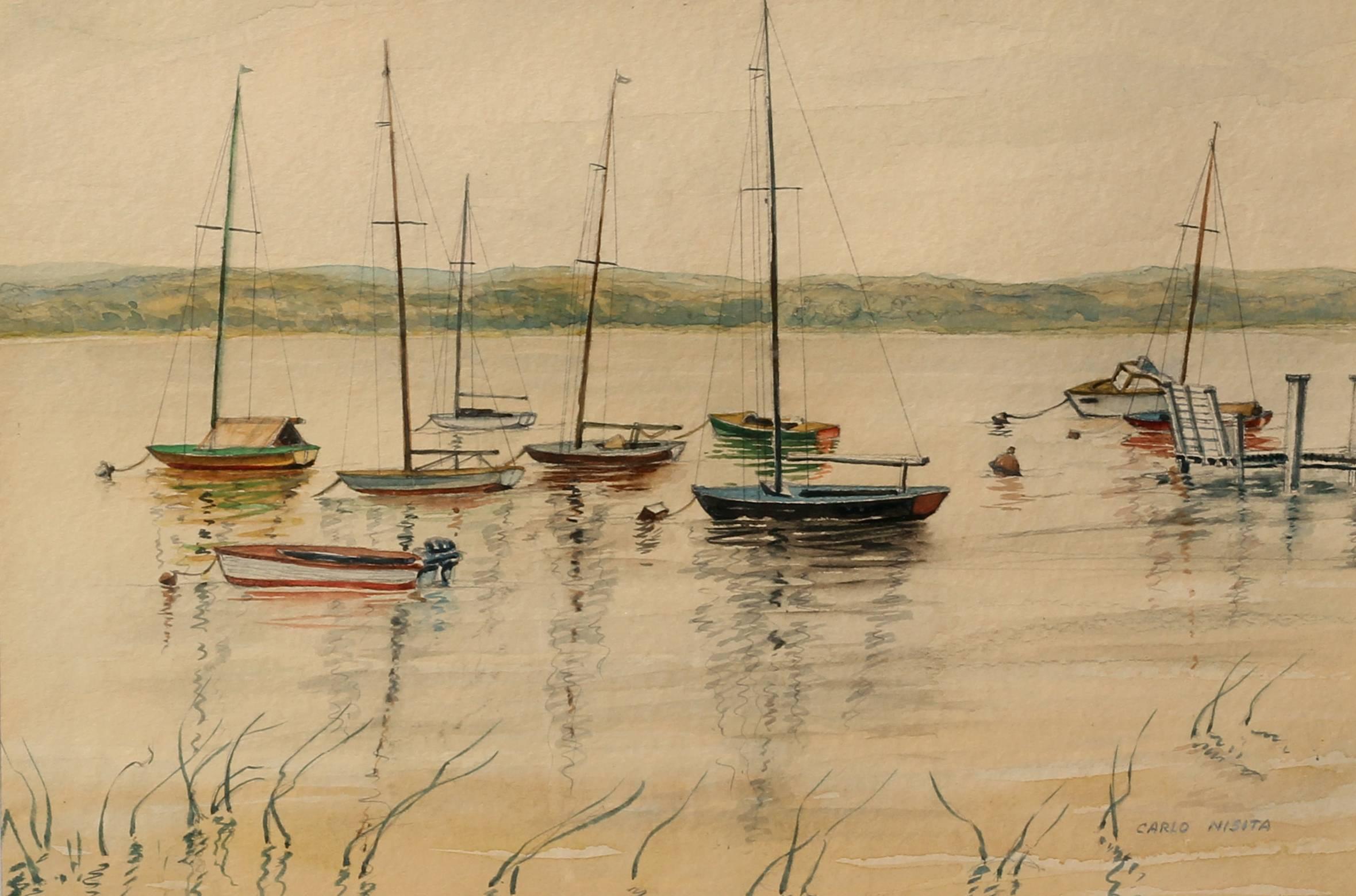 Carlo Nisita Landscape Painting - Sailboats Anchored