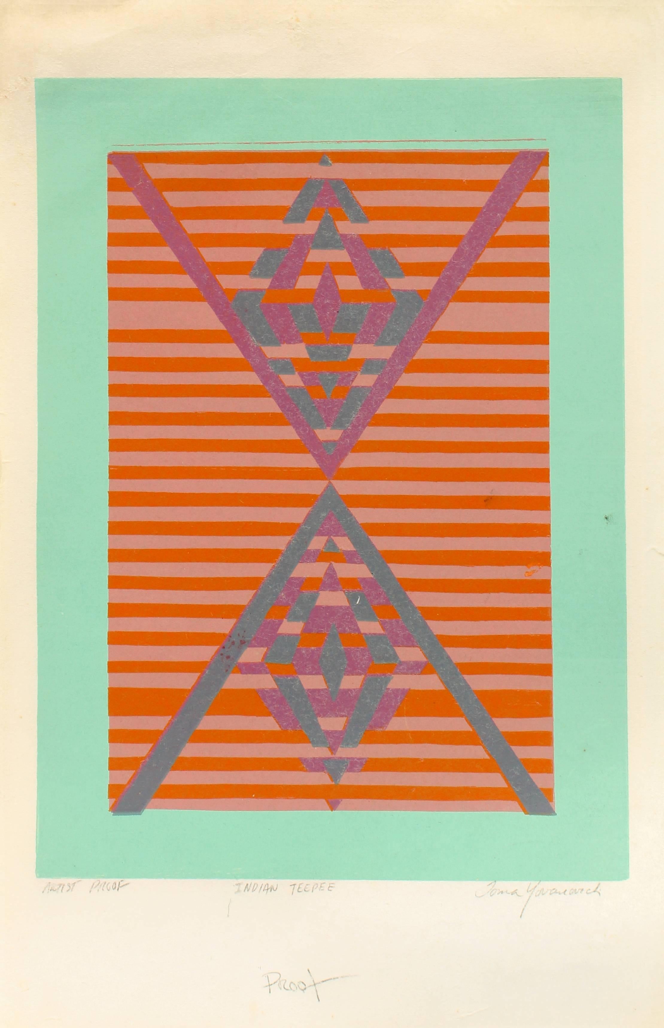 Mid-Century Modern geometric abstract print by American artist Toma Tovanovich (1931- 2016).  Tovanovich's work is found in many public and private collections all over the world. Circa 1960, unframed, signed 