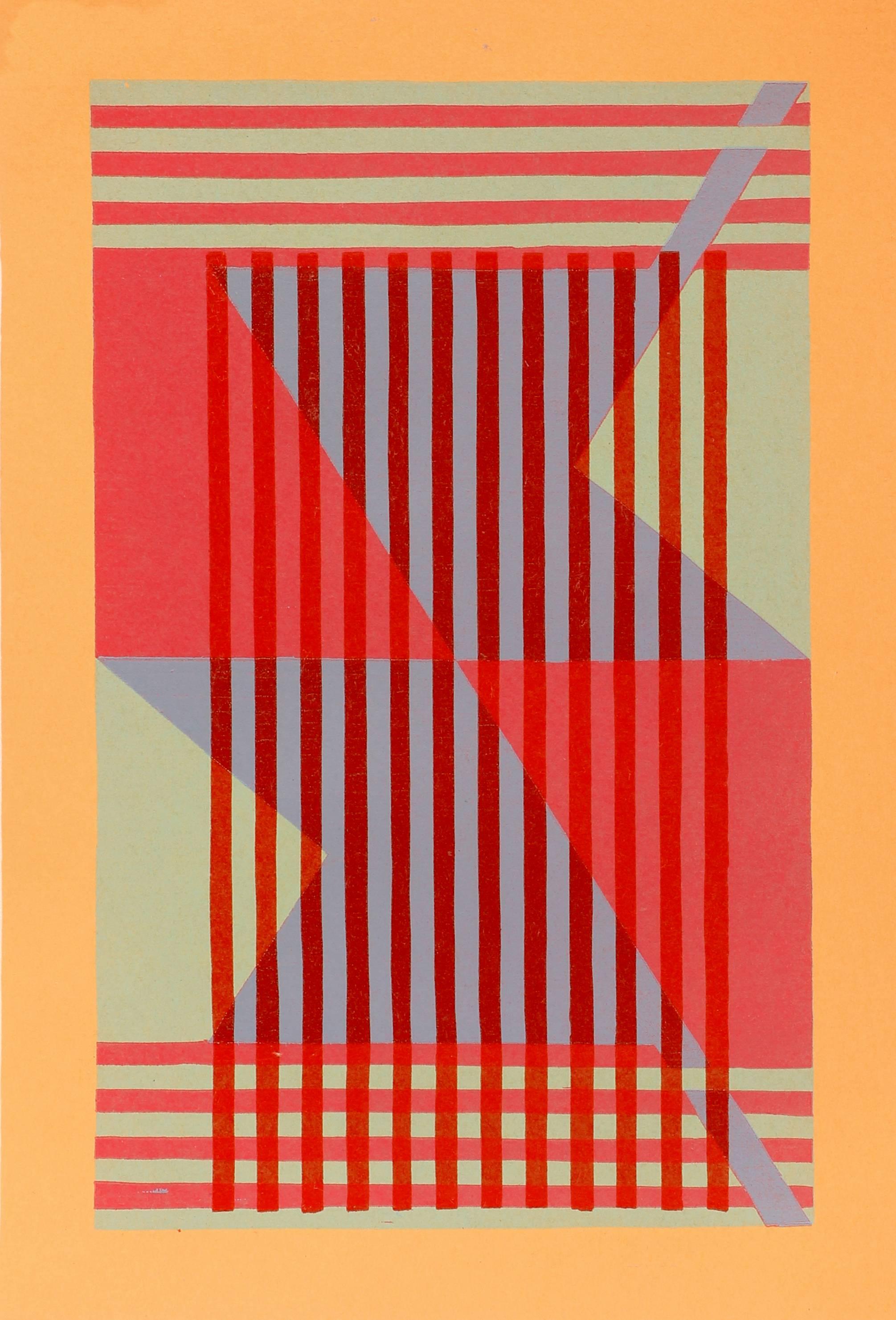 Mid-Century Modern geometric abstract print by American artist Toma Tovanovich (1931- 2016).  Tovanovich's work is found in many public and private collections all over the world. Circa 1960, unframed, signed "Toma Yovanovich" lower right, edition