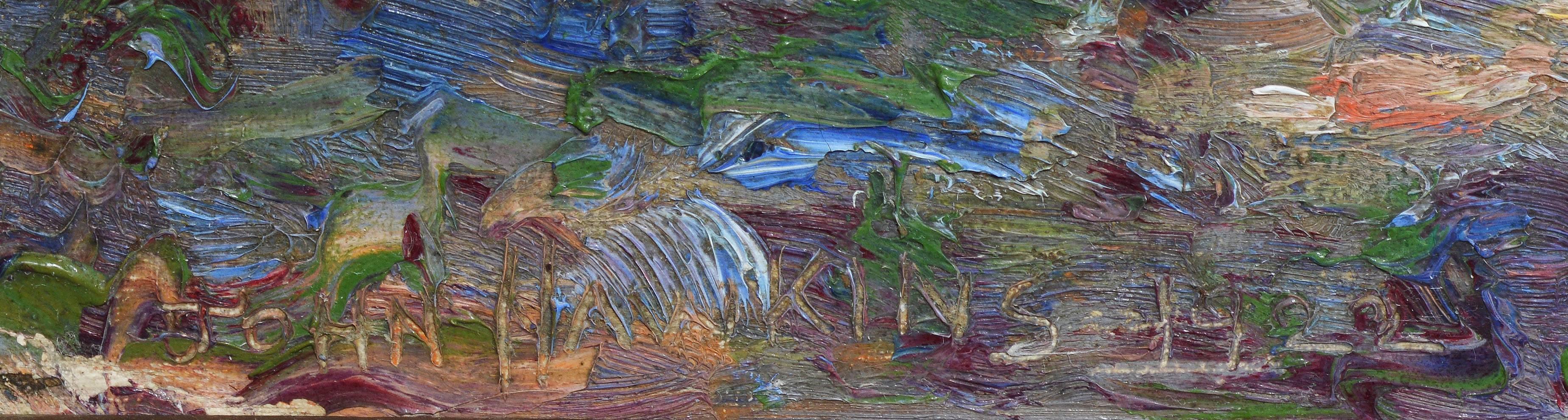 Impressionist-style seascape painting of a sunset by John Franklin Hawkins. Oil on board, circa 1922. Signed lower left, 