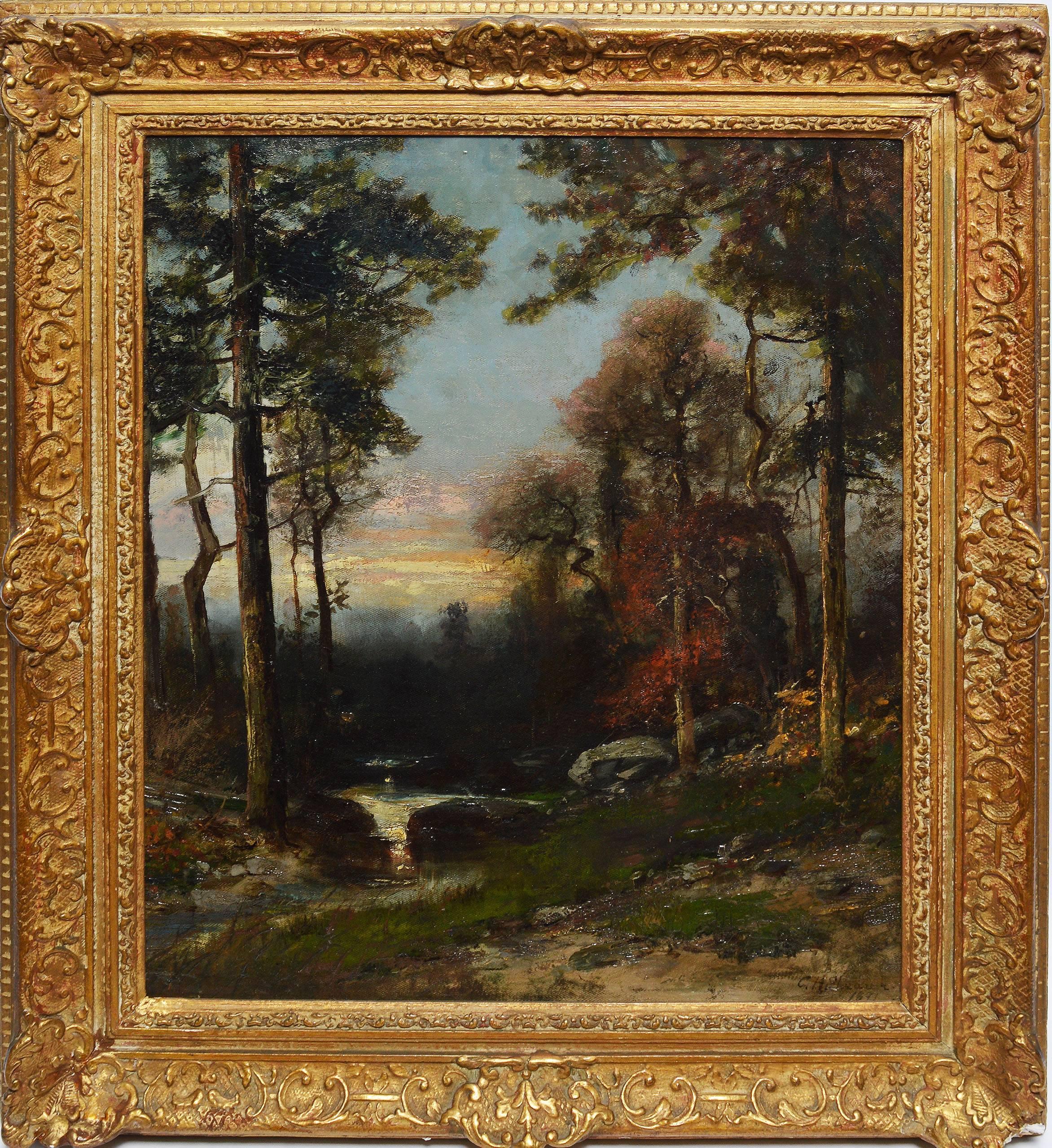 Impressionist landscape painting of a forest sunset by Christopher Shearer (1846-1926). Oil on board, circa 1890. Signed lower right, "C.H. Shearer 1891". Displayed in a period giltwood frame.  Image size, 16"L x 20"H, overall, 21"L x 26"H.
