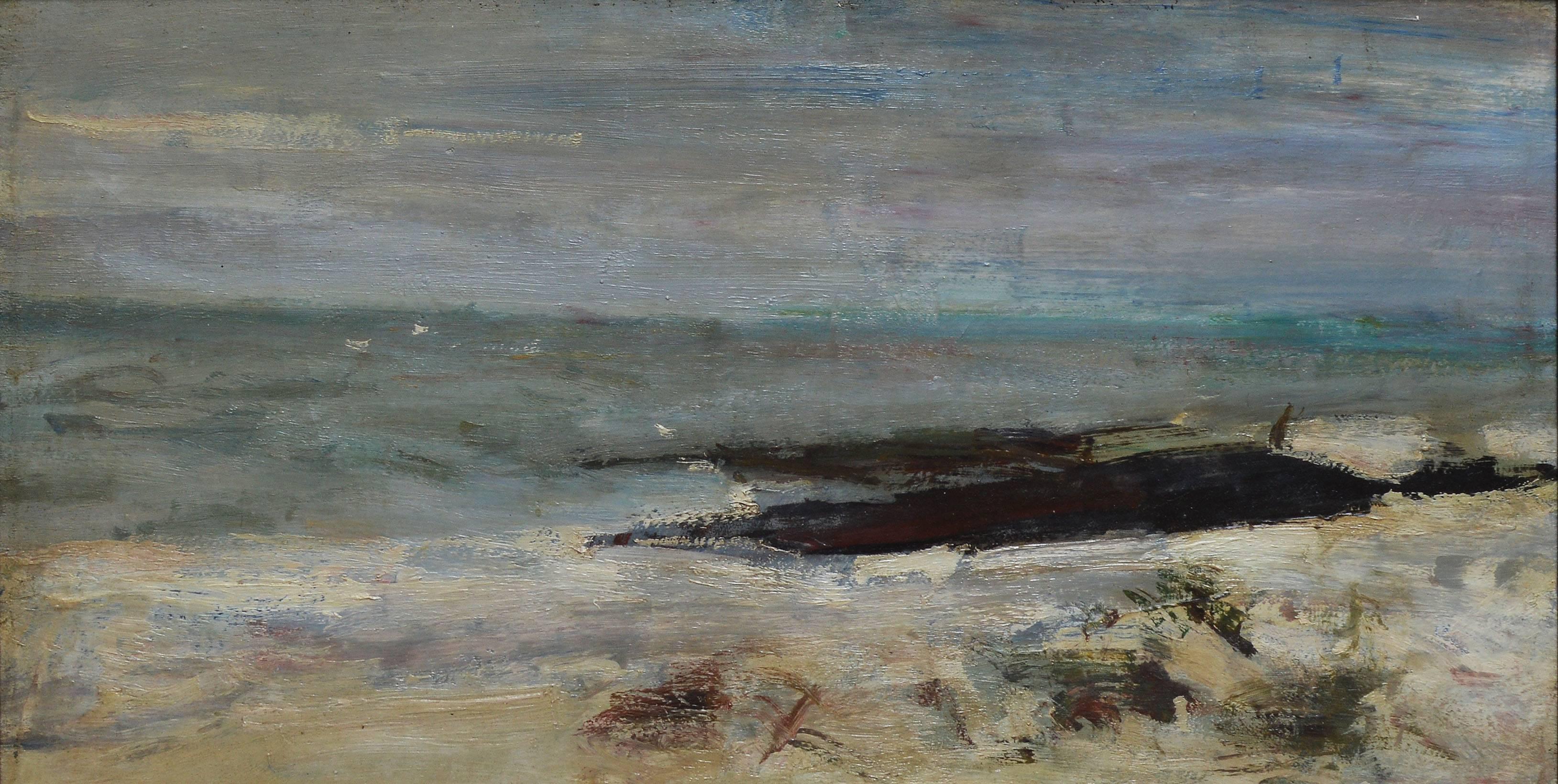 vue de plage moderne française par JP Germain - Marron Landscape Painting par Jean Pierre Germain