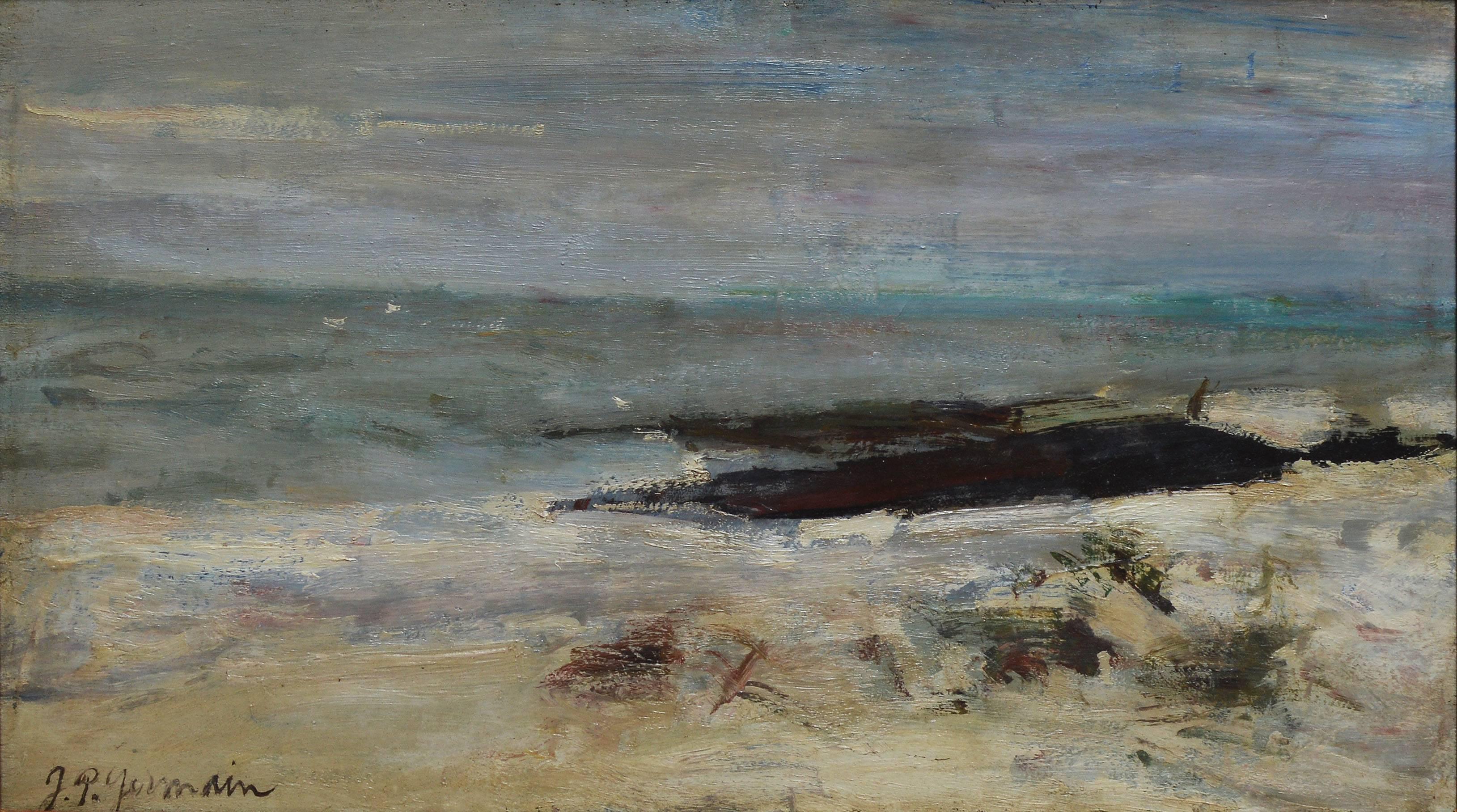 Tableau moderniste d'une plage par Jean Pierre Germain. Huile sur toile, vers 1940. Signé en bas à gauche, 