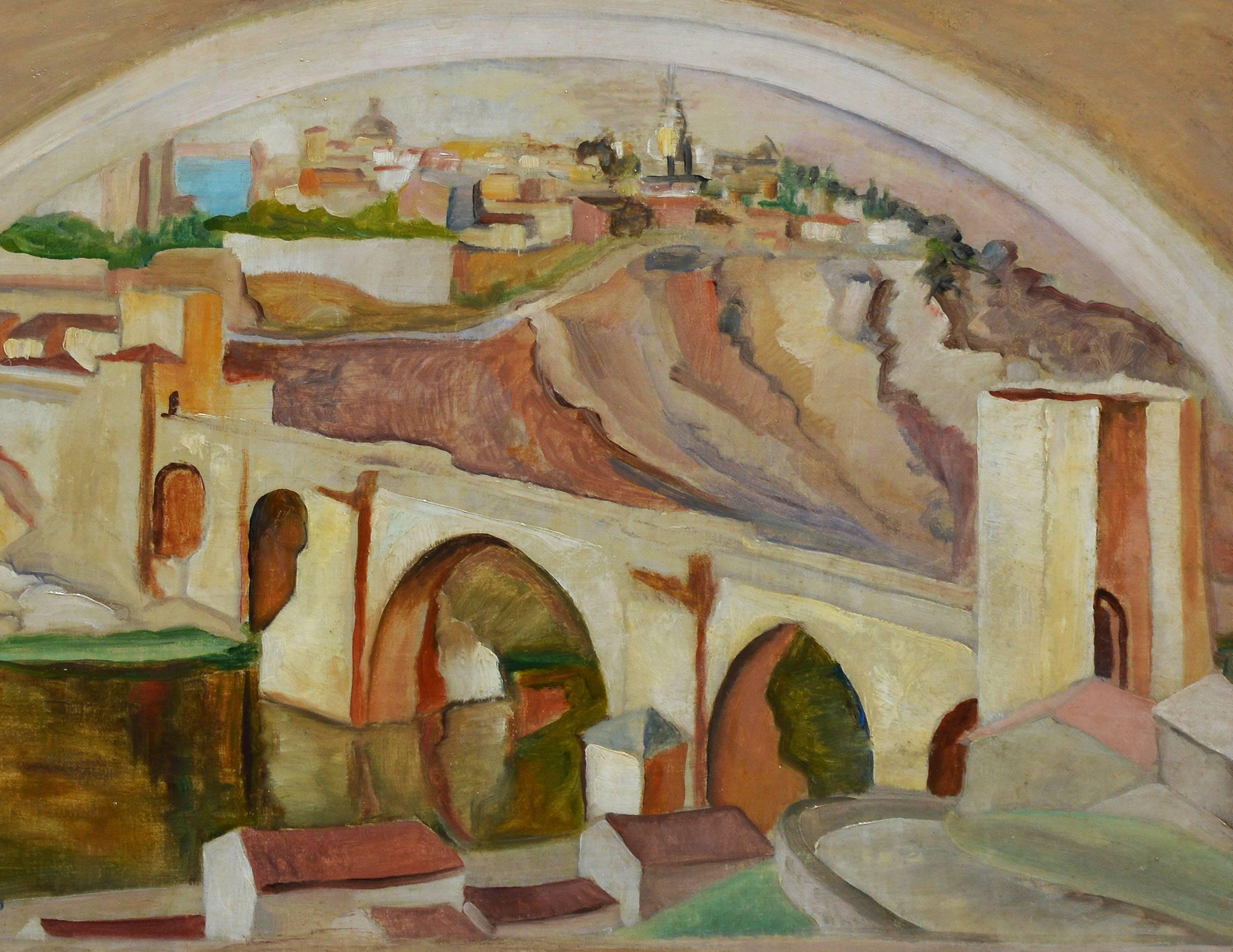 Modernist style cityscape painting of a bridge with a city in the distance.  Oil on canvas, circa 1930.  Signed illegibly lower right.  Displayed in a wood frame.  Image size, 24