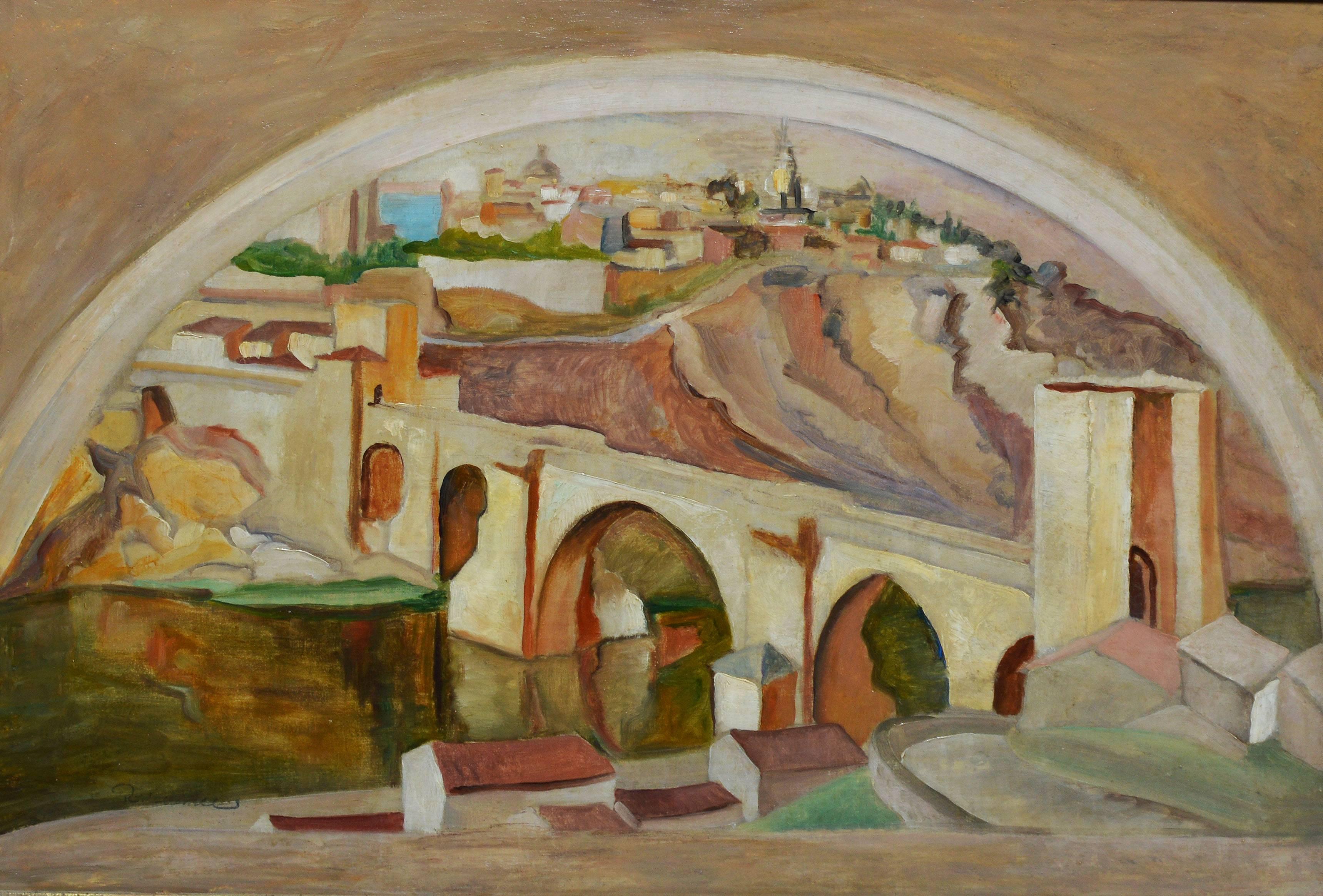 European Modernist Cityscape - Brown Landscape Painting by Unknown
