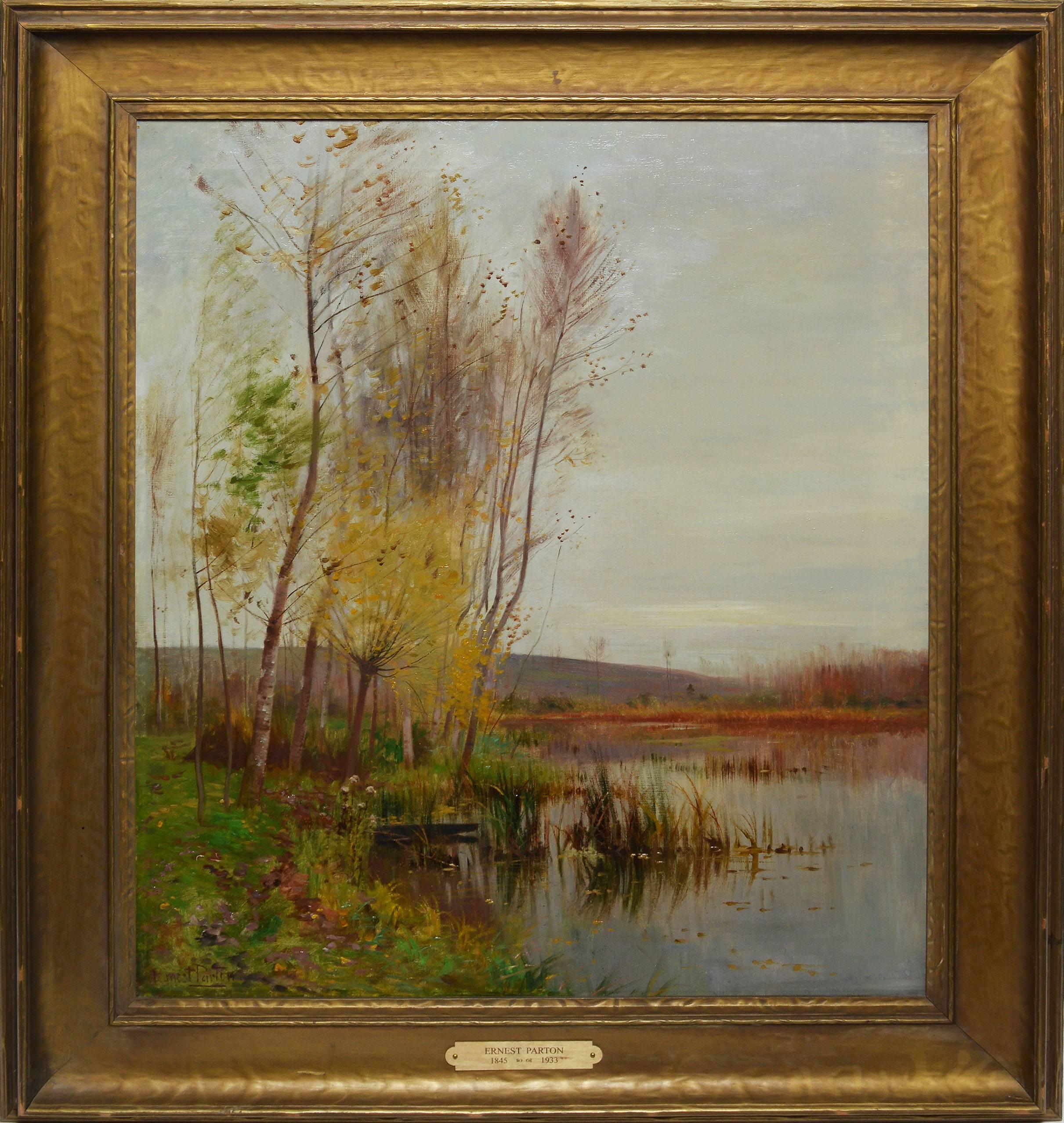 Impressionist fall landscape painting by Ernest Parton (1845-1933). Oil on canvas, circa 1890. Signed lower left, &quot;Ernest Parton&quot;.  Displayed in a period giltwood frame.  Image size, 23&quot;Lx 29&quot;H, overall 31&quot;L x 36&quot;H.