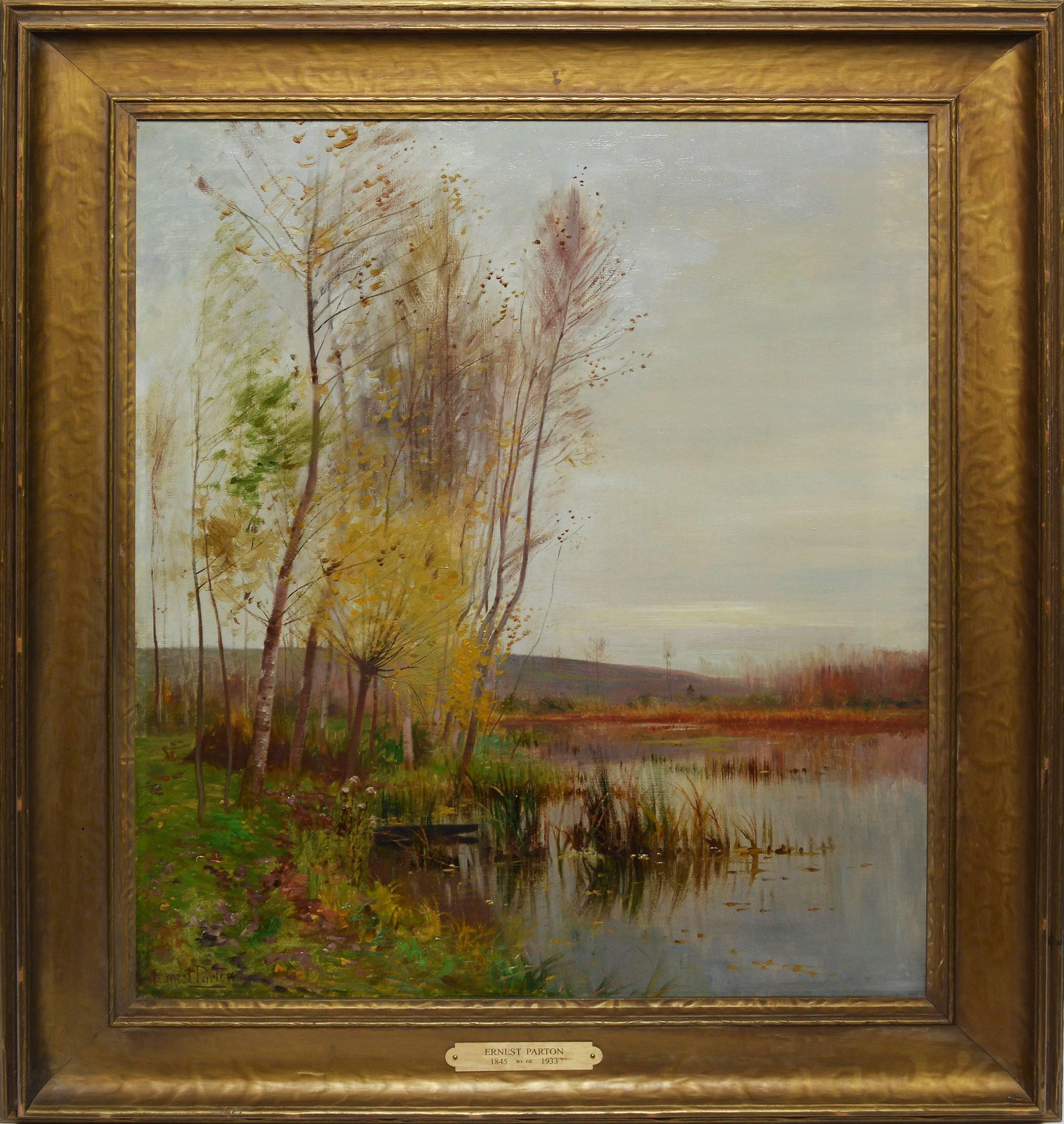 Impressionist fall landscape painting by Ernest Parton (1845-1933). Oil on canvas, circa 1890. Signed lower left, &quot;Ernest Parton&quot;.  Displayed in a period giltwood frame.  Image size, 23&quot;Lx 29&quot;H, overall 31&quot;L x 36&quot;H.